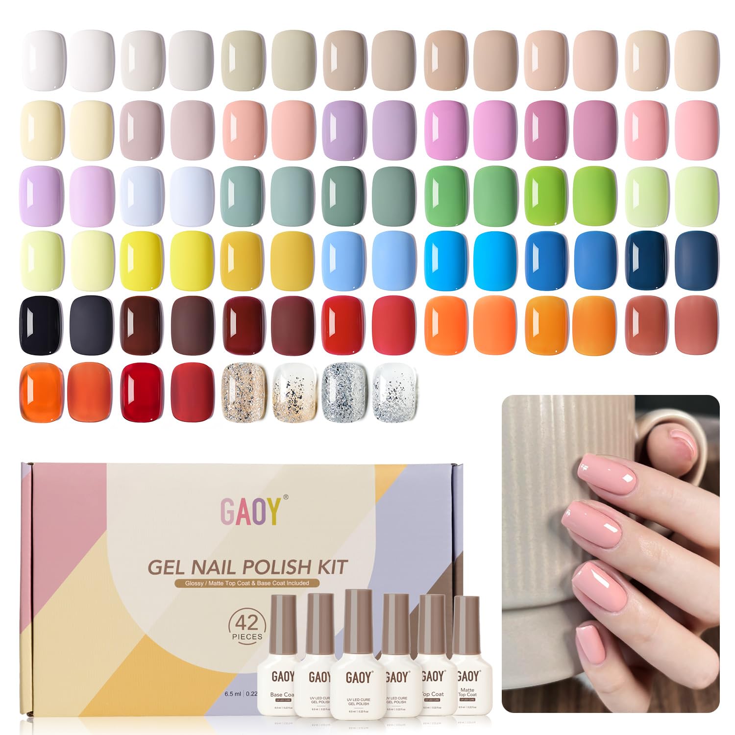 GAOY 42 Pcs Gel Nail Polish Kit, Green Blue Jelly Orange Glitter Colors All Seasons Gel Nail Polish Set with Glossy & Matte Top Coat and Base Coat for Salon and DIY Manicure at Home