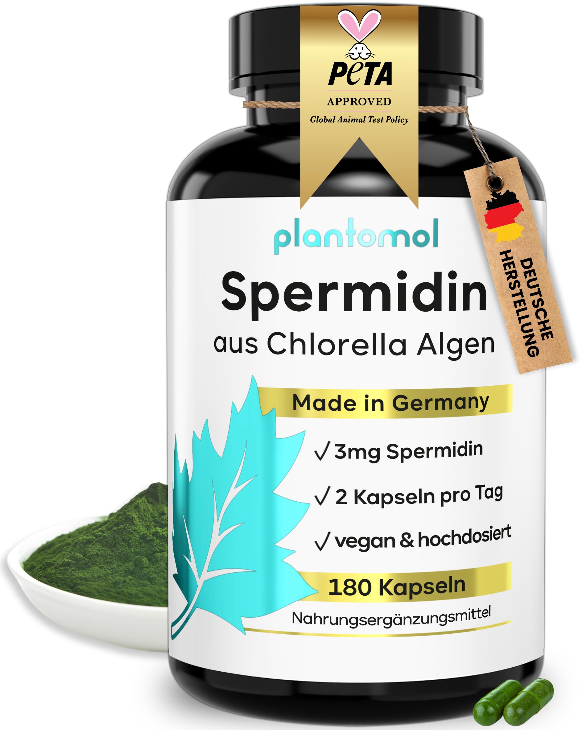 180 Spermidin Kapseln hochdosiert aus Chlorella - hoher natürlicher Chlorophyll Gehalt + 3mg Spermidine hochdosiert - 3 Monatsvorrat