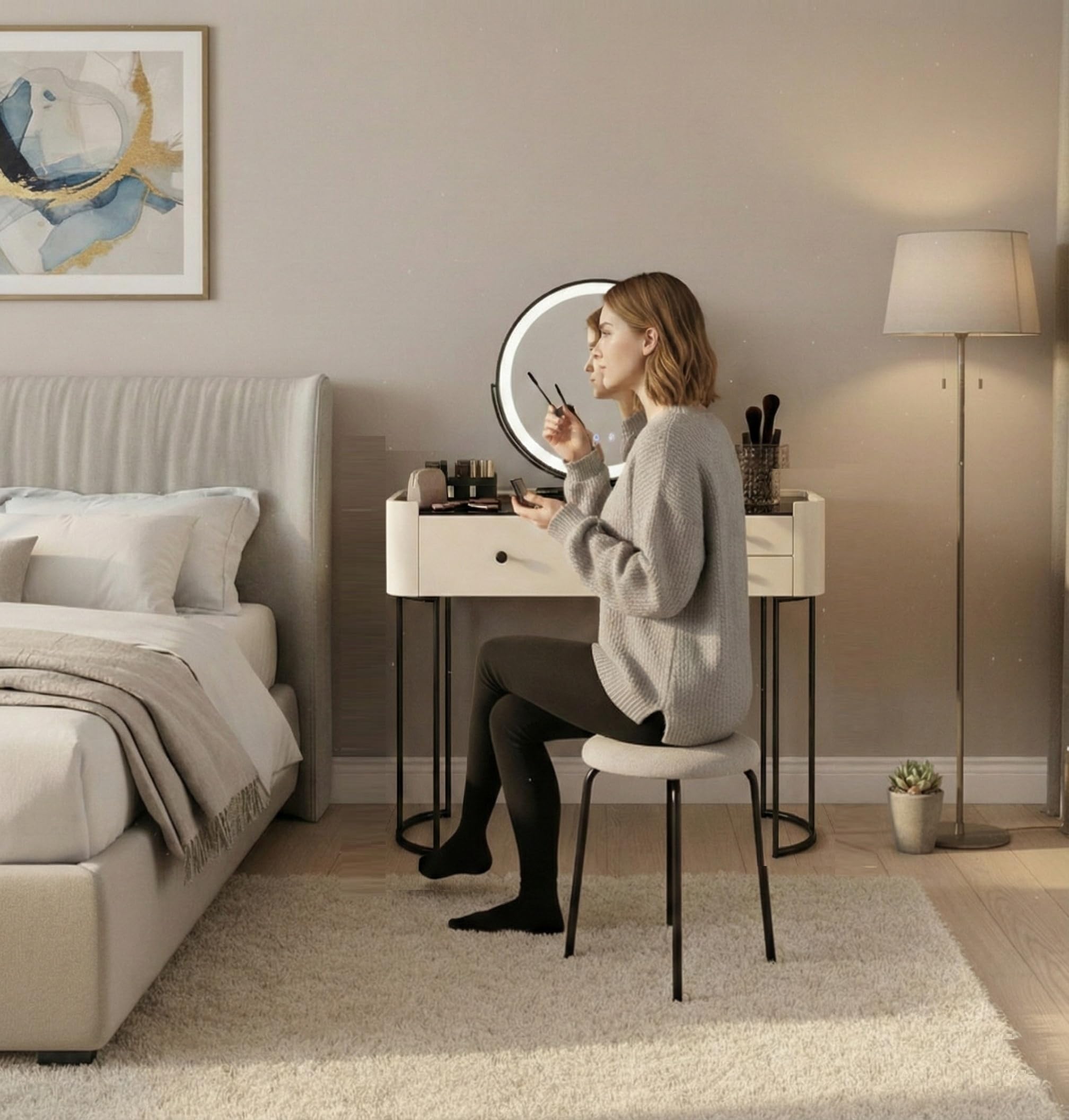 Nouvage Design Premium Dressing Table with Adjustable LED Mirror in White Black 80cm Dressing Table with Mirror Bedroom Dressing Tables including 2 drawers - Image 3