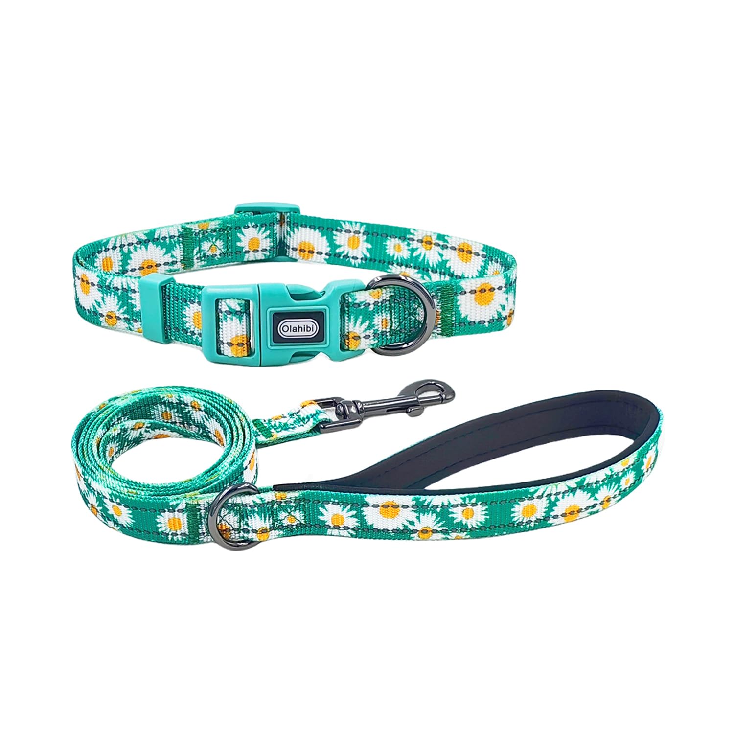 Olahibi Dog Collar and Leash Combo Set, Cute Daisy Pattern, Polyester Material, with Reflective Stripes, 150CM Leash