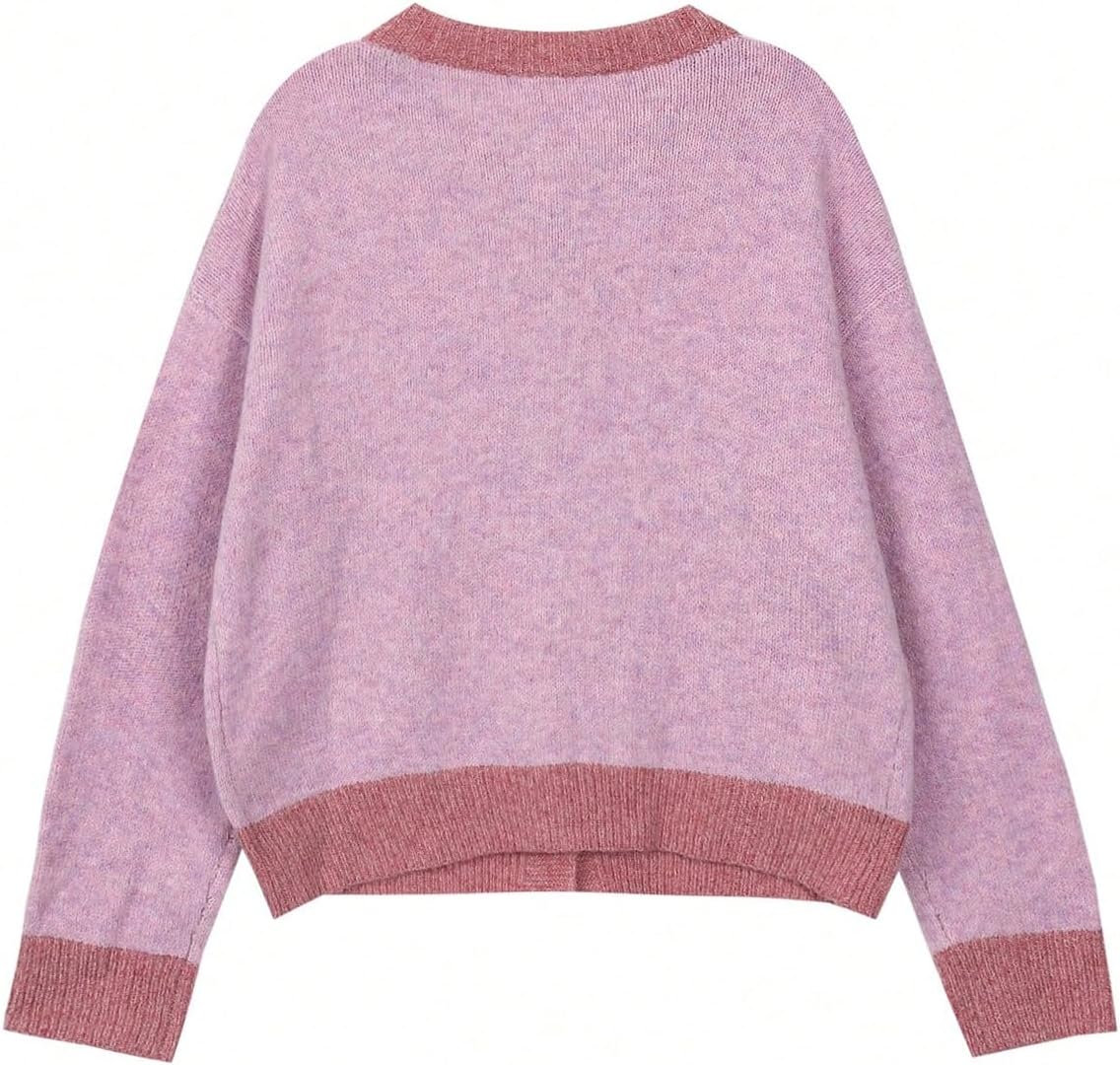 Women's Button Down Cardigan Long Sleeve Crewneck Knitwear Contrast Trim Sweater - Image 2