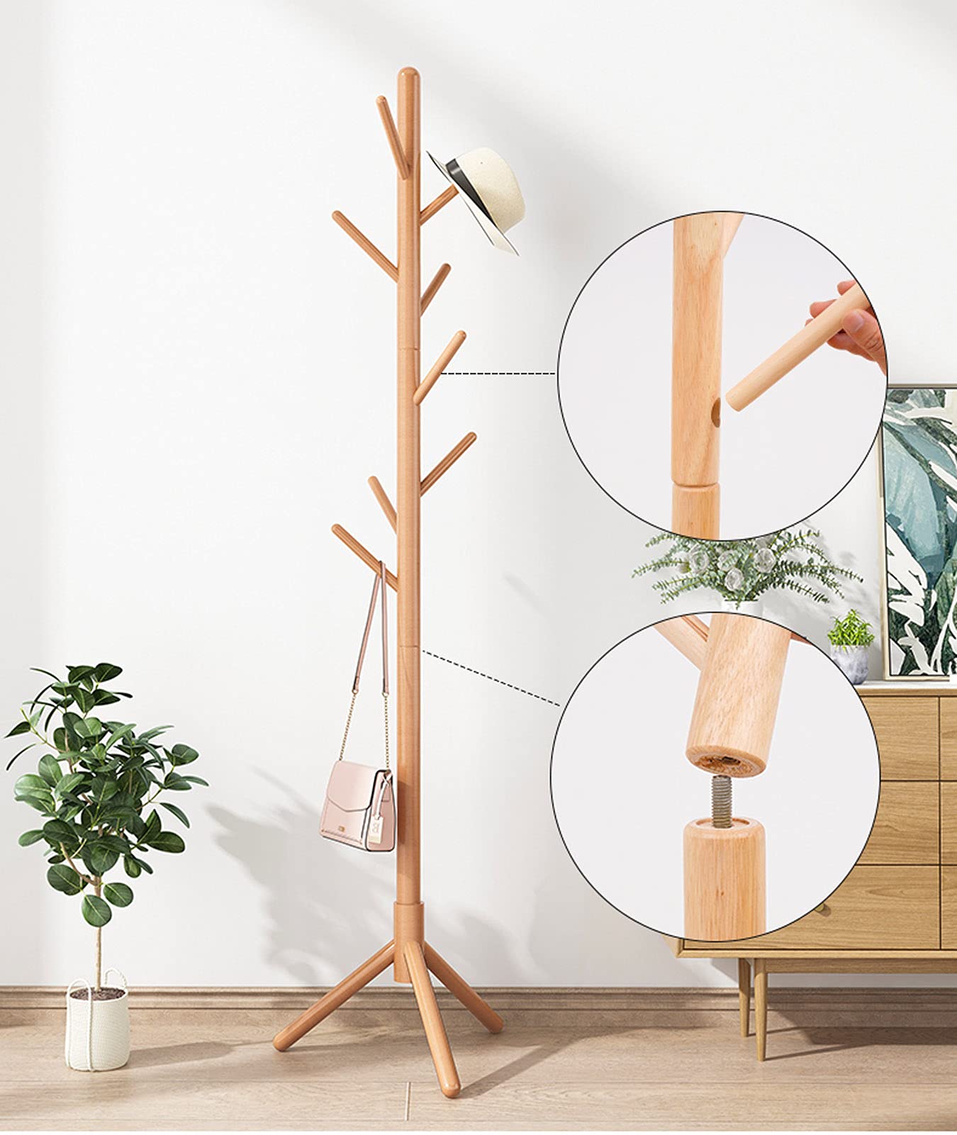 Perchero de Pie de Estilo Minimalista,Perchero de pie de Madera diseño de pie de pie con 8 Ganchos para Ropa Bolsos Bufandas pasillos y entradas,C