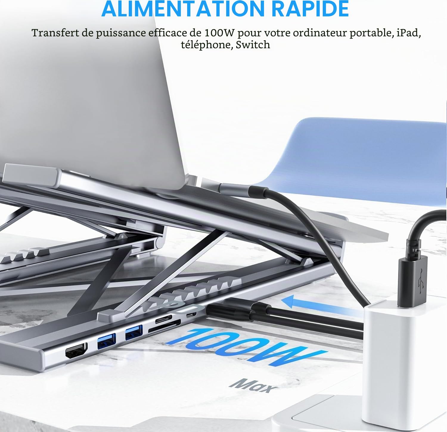 Support Ordinateur Portable, 8 en 1 Station d'accueil USB C Laptop Stand Docking Station USB C Hub HDMI 4K@30Hz, PD 100W, Support PC Pliable Adaptateur USBC Dock Compatible avec MacBook Pro/Air