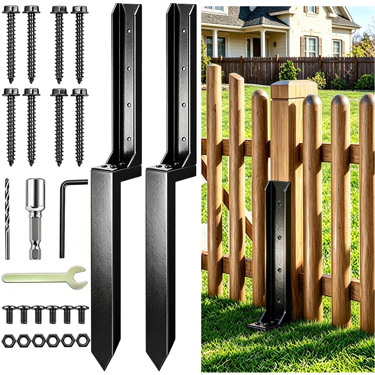 CWISAQUE Heavy Duty Steel Fence Post Repair Stake, Fence Post Repair Kit with Nails, Fence Post Spikes for Tilted or Broken Wooden Posts (2 Pack)