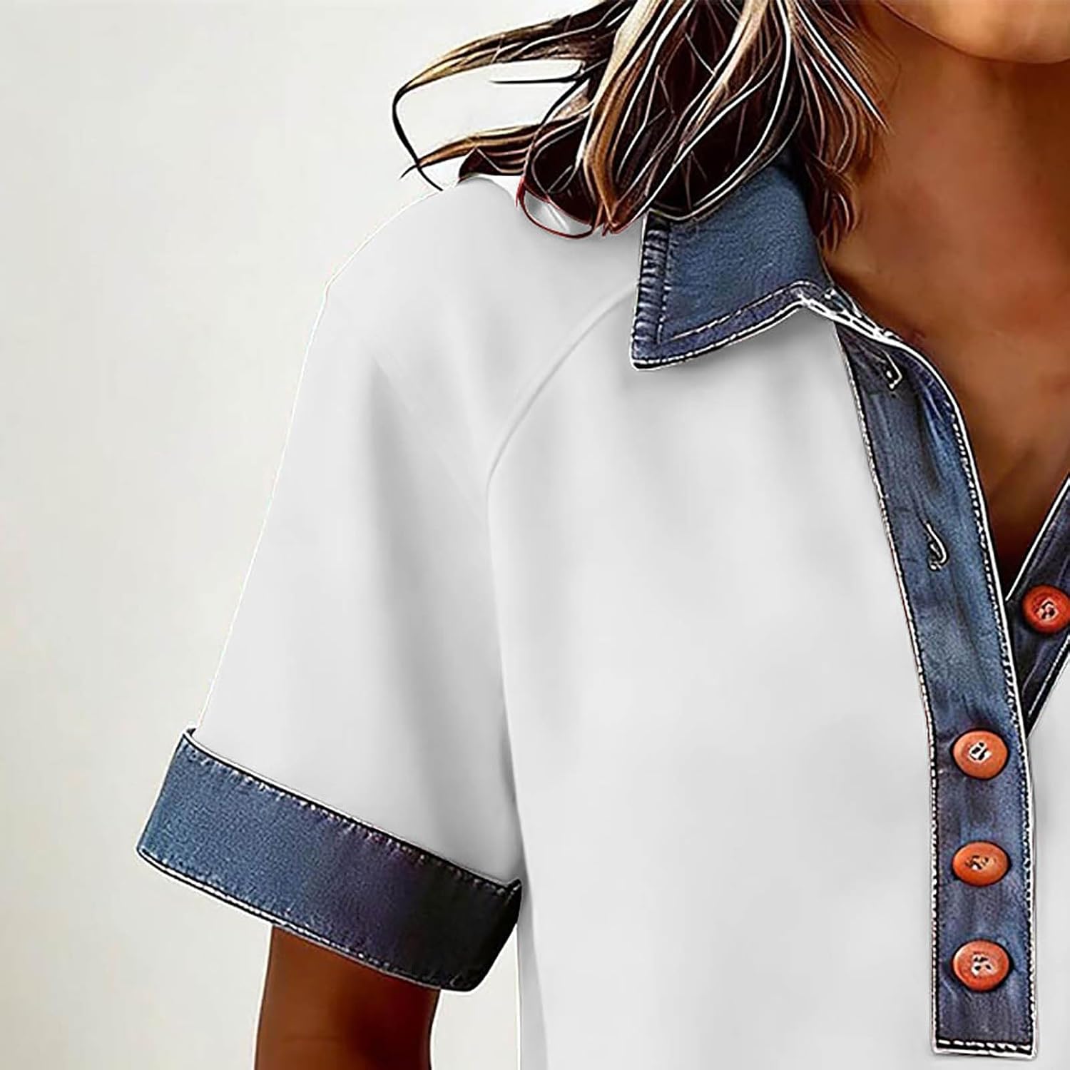 Sweatshirt for Women Patchwork Lapel Collar Short Sleeve Casual Button Shirt Color Block Loose Fit Tops Clothing