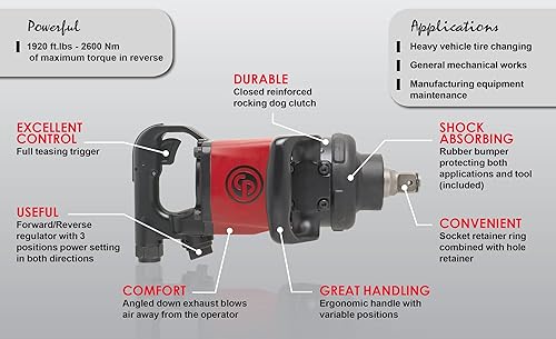 Miniatura 9 de Chicago Pneumatic CP7782-6 - Llave de impacto de aire 1 pulgada yunque externo de 6 pulgadas herramienta de reparación y montaje industrial mango en