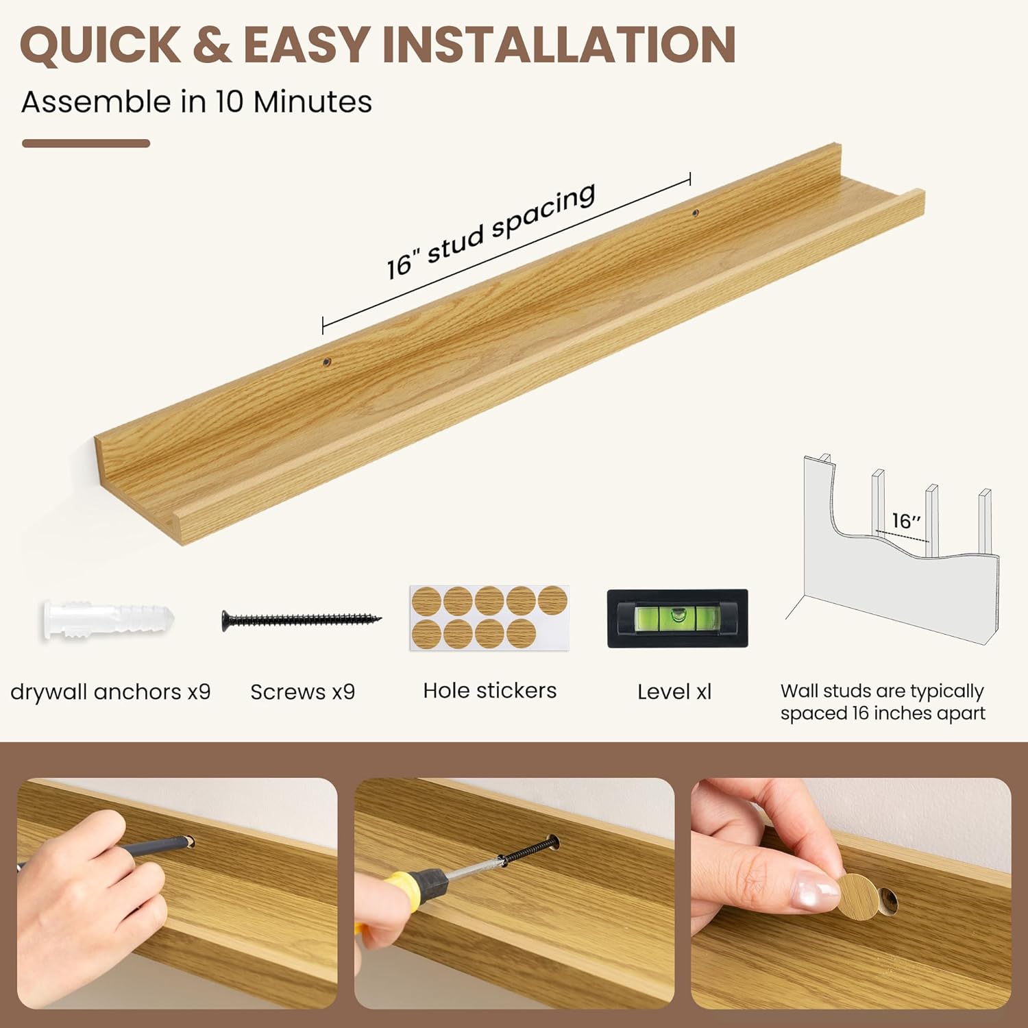 Fun Memories Picture Ledge Shelf, Floating Shelves Set of 4, 32 Inch Picture Shelves for Wall with Ledge, Large Nursery Book Shelf for Toys Storage, Living Room, Bedroom Decor Frames, Oak