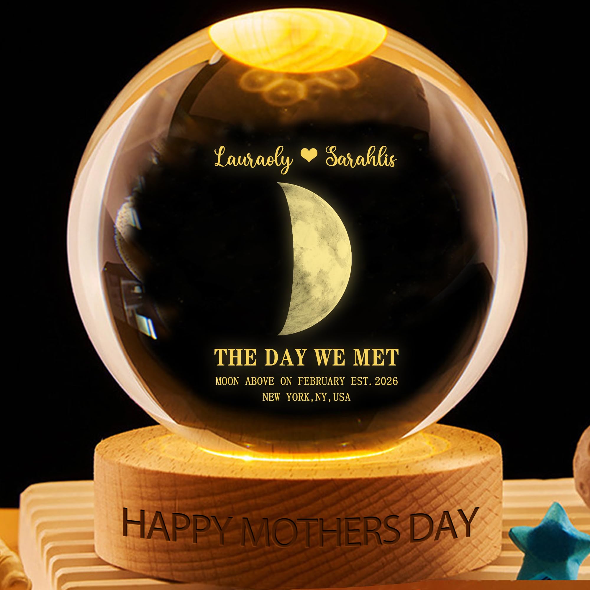 VWCSDSCS Personalized Moon Phase Crystal Ball Night Light – Custom Names & The Day We Met Date, Moon Above on Special Occasion with Wood Base, Romantic Gift for Couples Anniversary Wedding — image 1