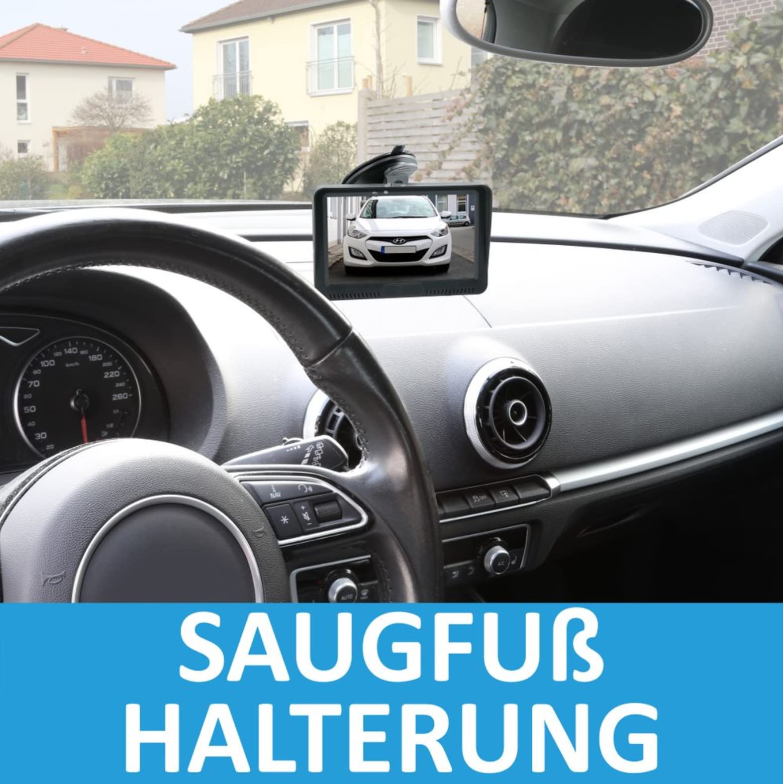 VSG24 5“ HD Set 2 Kameras Funk Rückfahrsystem Premium ONE für PKW, KFZ Set kabellos inkl. Rückfahrkamera + Monitor, einfach zum Nachrüsten 12V-24V, Nummernschild Kamera digital, Auto Rückspiegel