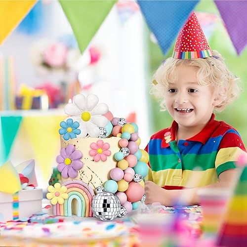 Miniatura 10 de 40 piezas Boho Daisy Flower Cake Topper Ball Cake Toppers Disco Ball Cake Decor Retro Hippie Daisy Flower Cake Topper para decoración bohemia Groovy