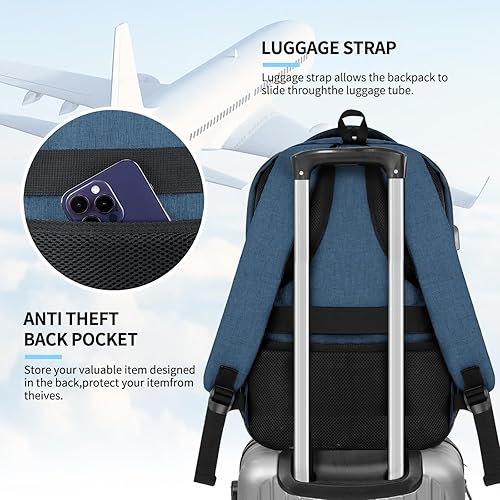 Miniatura 8 de Mochila para hombres y mujeres, mochila de viaje para laptop de 15.6 pulgadas, mochila escolar universitaria con puerto de carga USB, azul