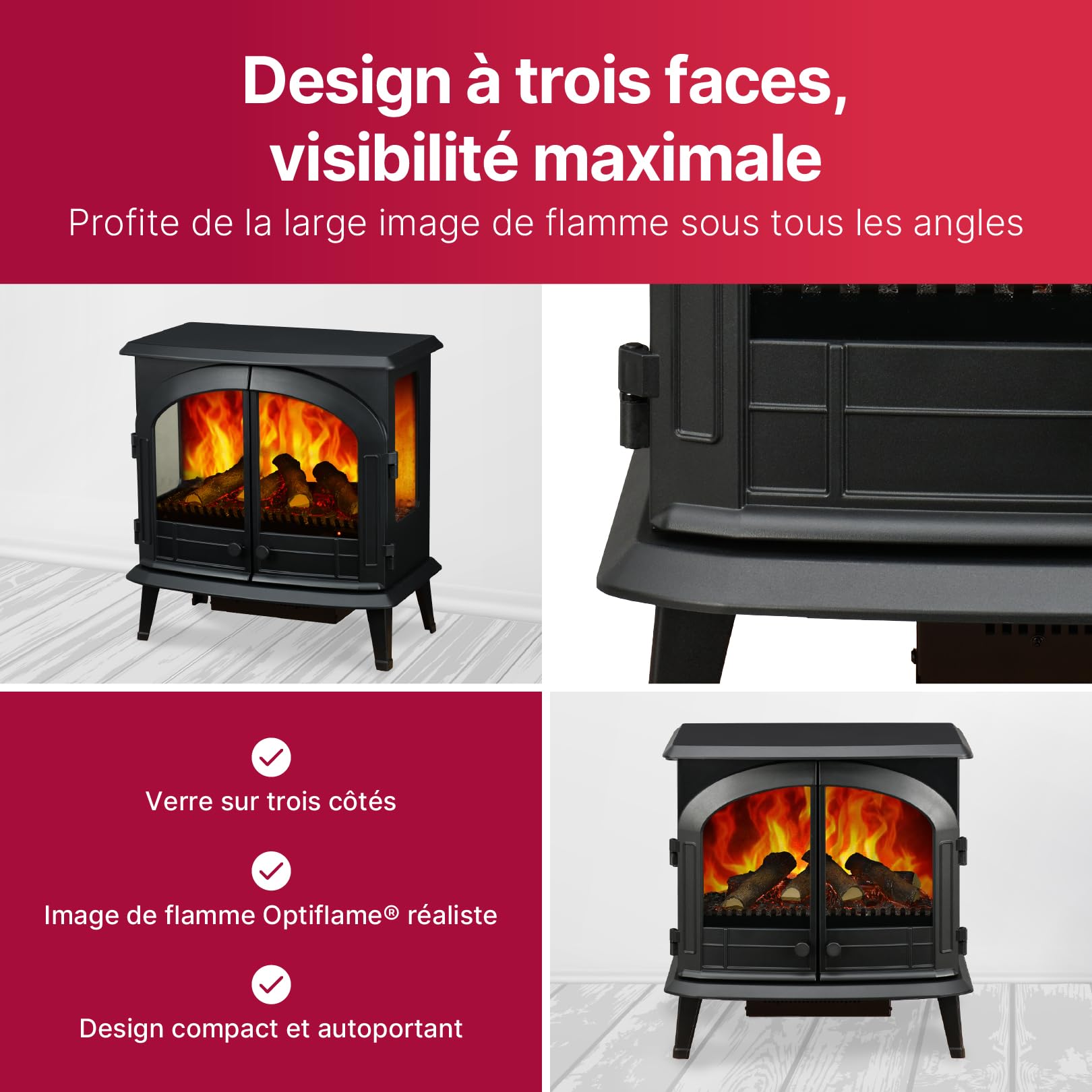 Dimplex Emberly Cheminée Électrique Autoportant 3 Faces Cheminee Electrique Effet Flamme LED Optiflame Chauffage 2 KW Activable Commande Via Télécommande et Application