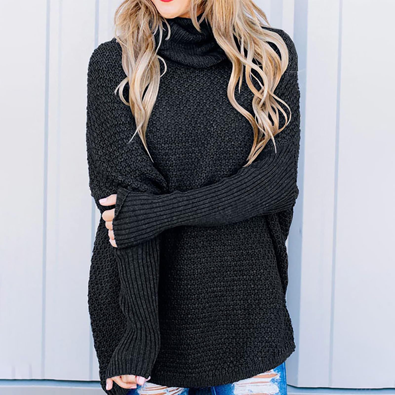 Übergroßer Rollkragenpullover für Damen, langärmelig, lässiger Pullover, Strick-Tunika