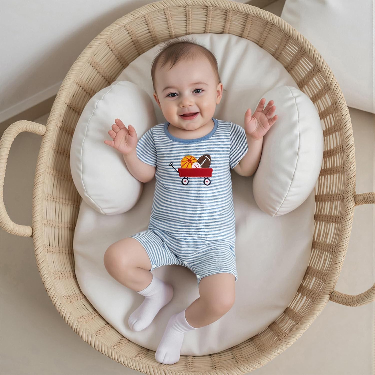 Newborn Boy Football Romper Infant Baby Waffle Knit Summer Clothes Embroidery Excavator Short Sleeve Stripe Jumpsuit - Image 2