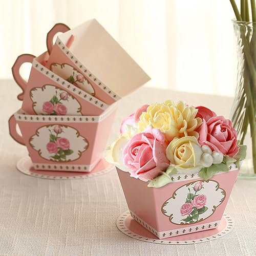 Miniatura 8 de Efavormart - Paquete de 25 cajas de regalo de mini taza de té y platillo con estampado floral de rosas, cajas de dulces para fiesta de té, 4 x 3