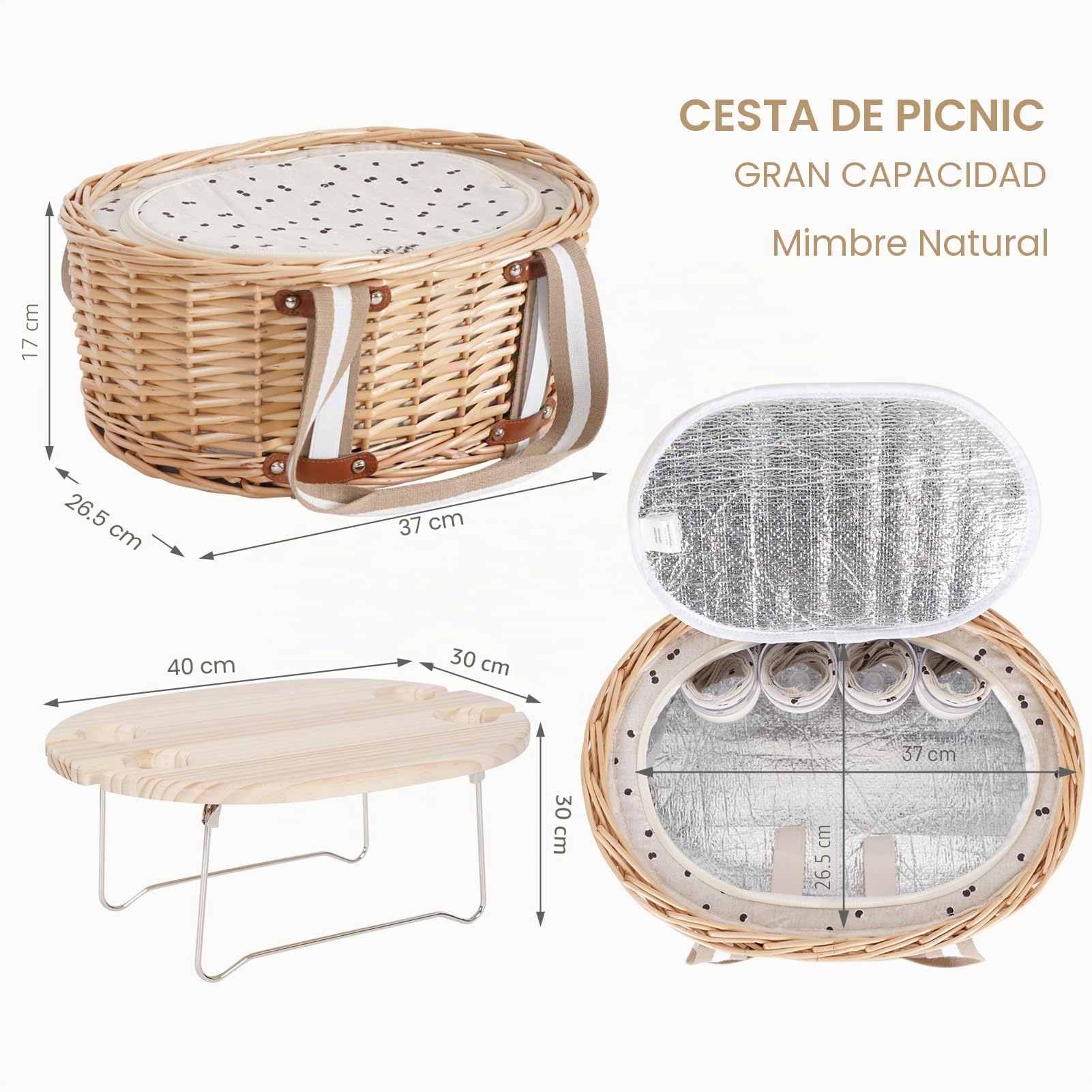 Juego de canasta de picnic para 4 personas, cesta de picnic aislada de mimbre con mesa de vino plegable, kit de picnic de vino con forro para parejas, camping, al aire libre, San Valentín