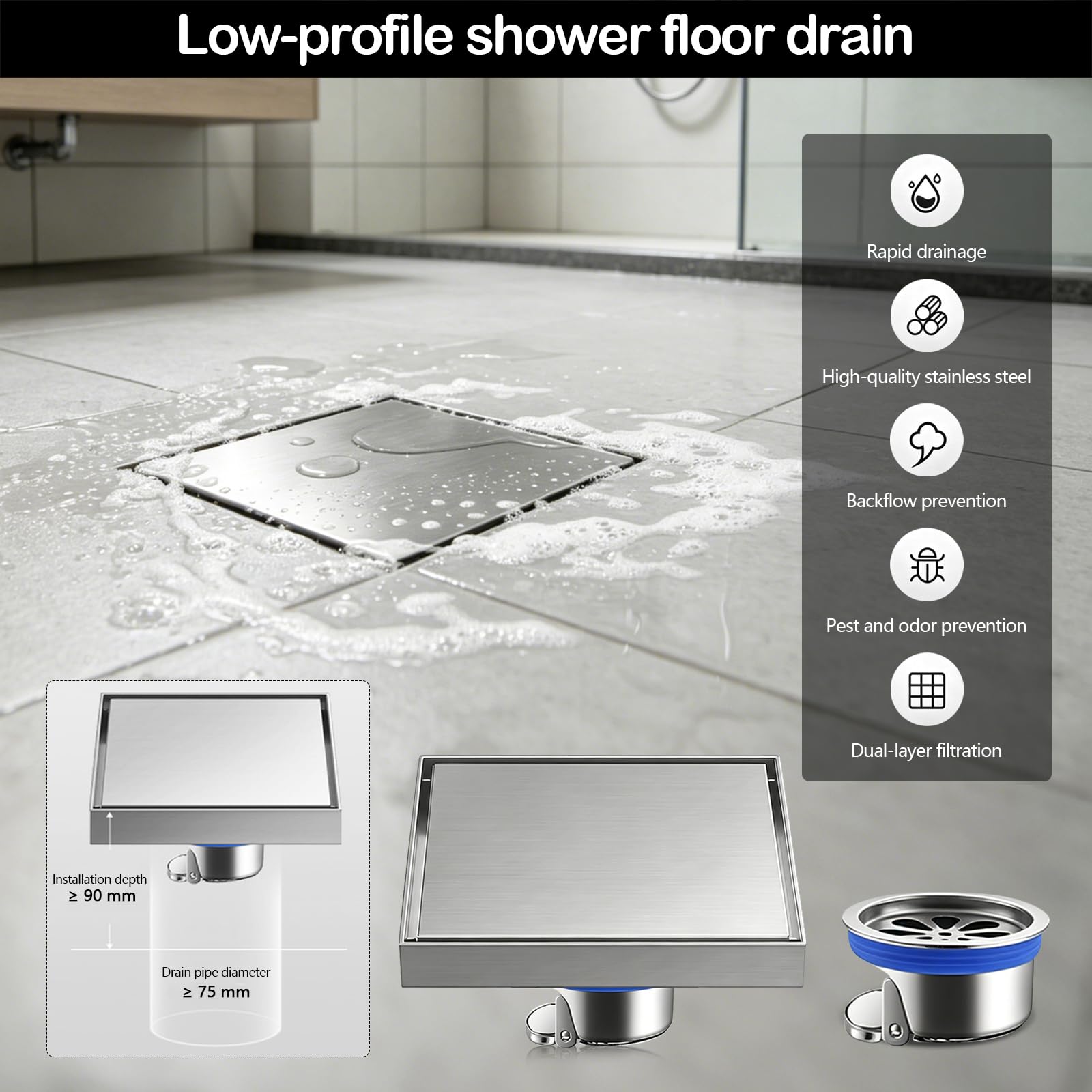 Scarico Doccia a Pavimento Quadrato, 15 x 15 cm Piletta Doccia Invisibile in Acciaio Inox, Canale di Scarico con Filtro per Capelli e Valvola Antiodori, per Bagno Cucina Cantina e Garage