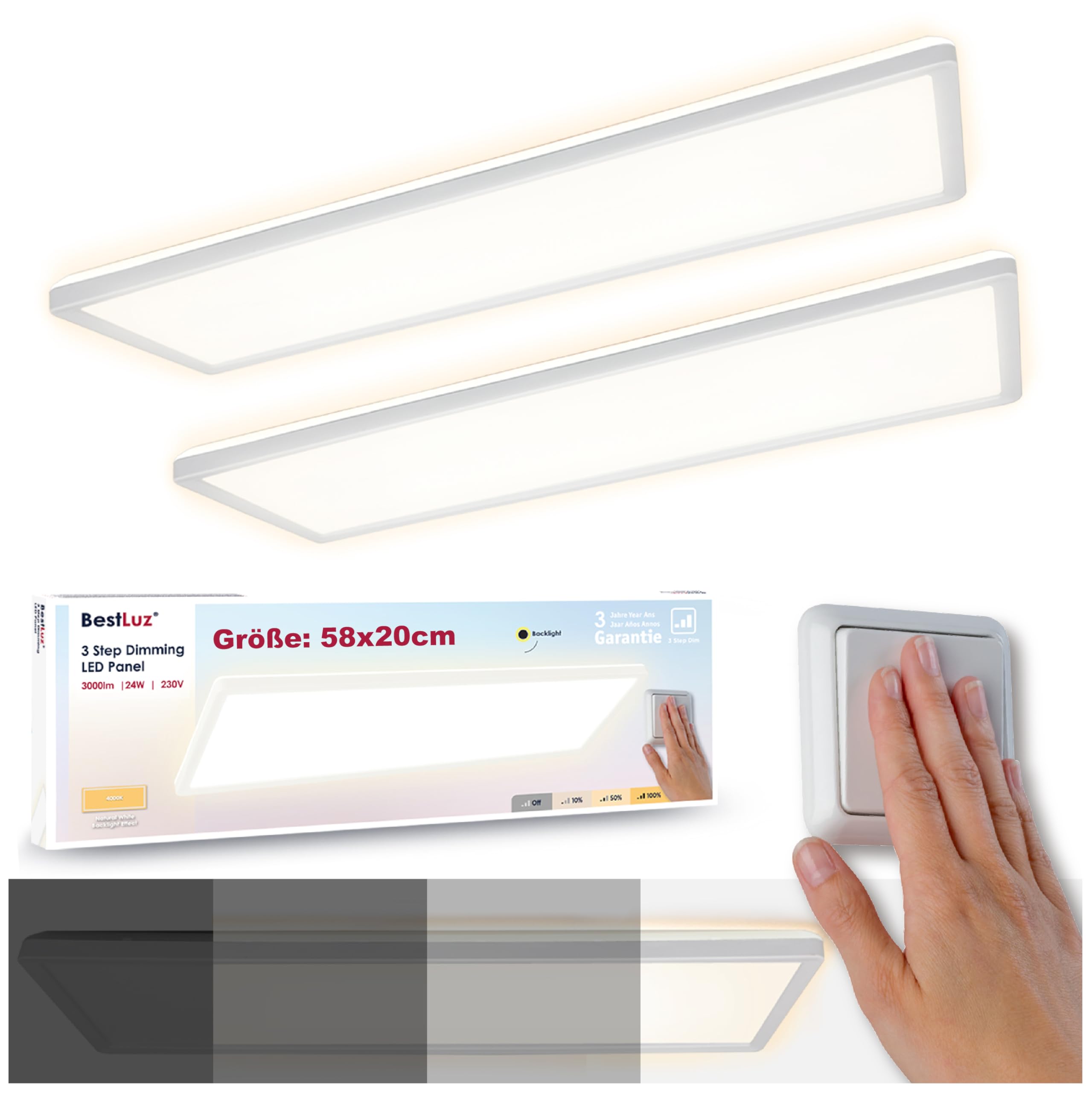 BestLuz LED Deckenleuchte 58x20CM (LxB) Dreistufige Dimmbar Rechteckig Panel 3000LM 24W IP44 Neutralweiß 4000K mit Backlight für Badezimmer Küche Wohnzimmer Schlafzimmer, Ultra Dünn (2 Stück)