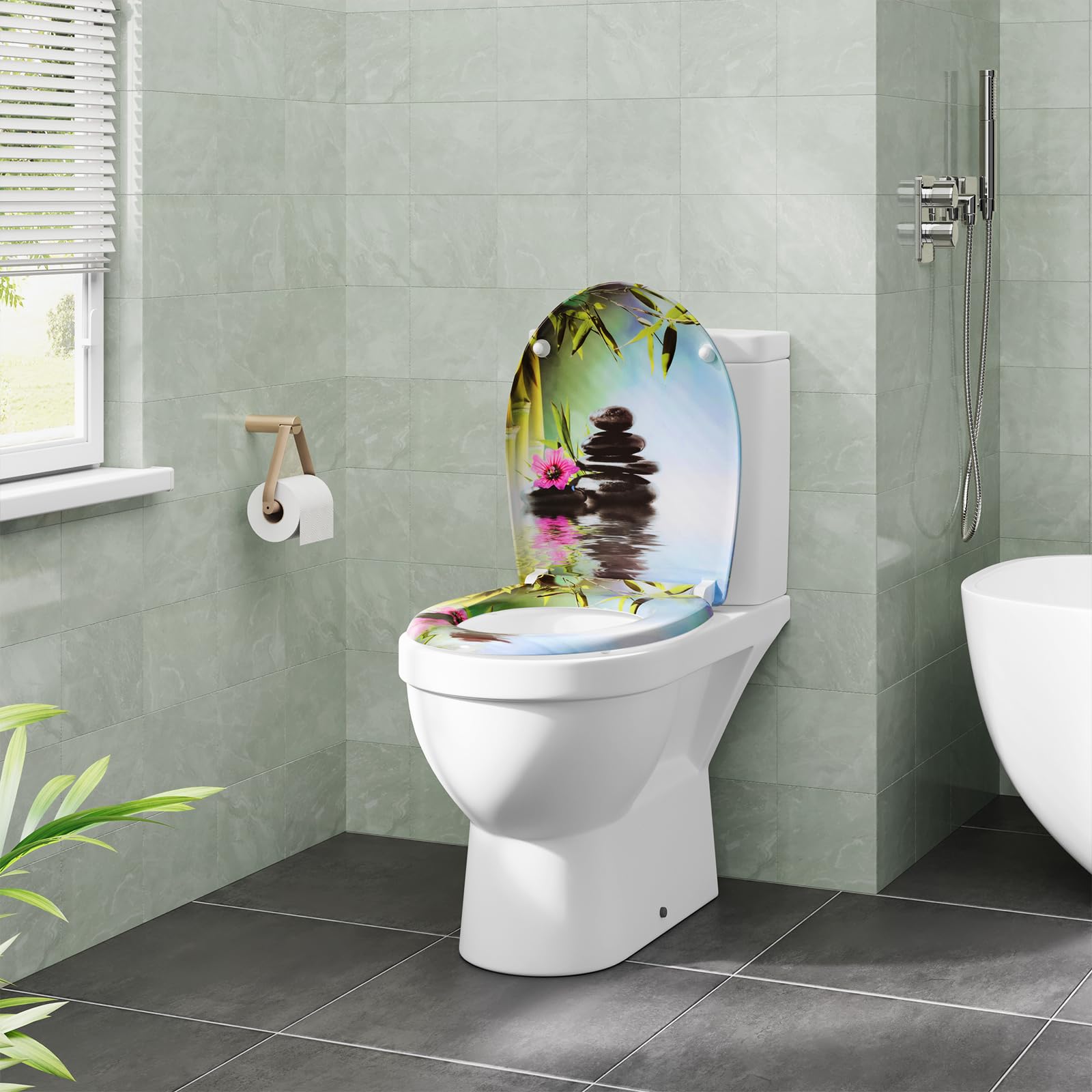 eSituro Abattant de Toilette, Siège WC en Forme de O à Fermeture Douce, Montage par le Haut, Déverrouillage Rapide, Charnières Réglables à 360°, en Duroplast, Pierres et fleurs