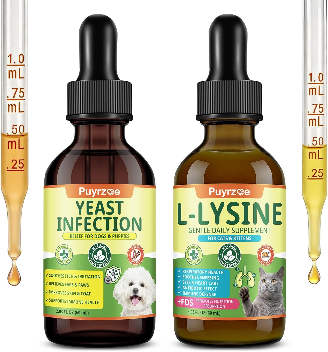 Yeast Infection Drops for Dogs + Liquid Lysine for Cats – Skin, Ear & Paw Relief + Respiratory & Immune Support – Natural Herbal Yeast Treatment for Dogs + L-Lysine Drops for Cats