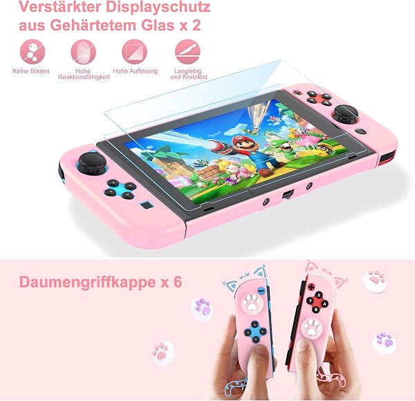 Younik Switch Zubehör Bundle, 17 in 1 Switch Zubehör Kit für Mädchen Enthalten Switch Tasche, Verstellbarer Ständer, Schutzhülle für Switch Konsole & J-Con(Rosa) - 5