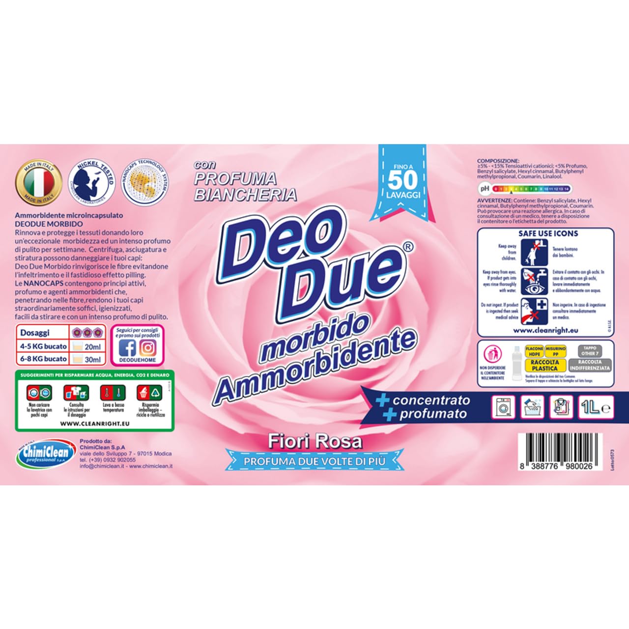 6x DEO DUE Ammorbidente Morbido Concentrato Fiori Rosa, ideale per tutti i capi,50 lavaggi 1Lt + Portachiavi Beni Culinari in Omaggio