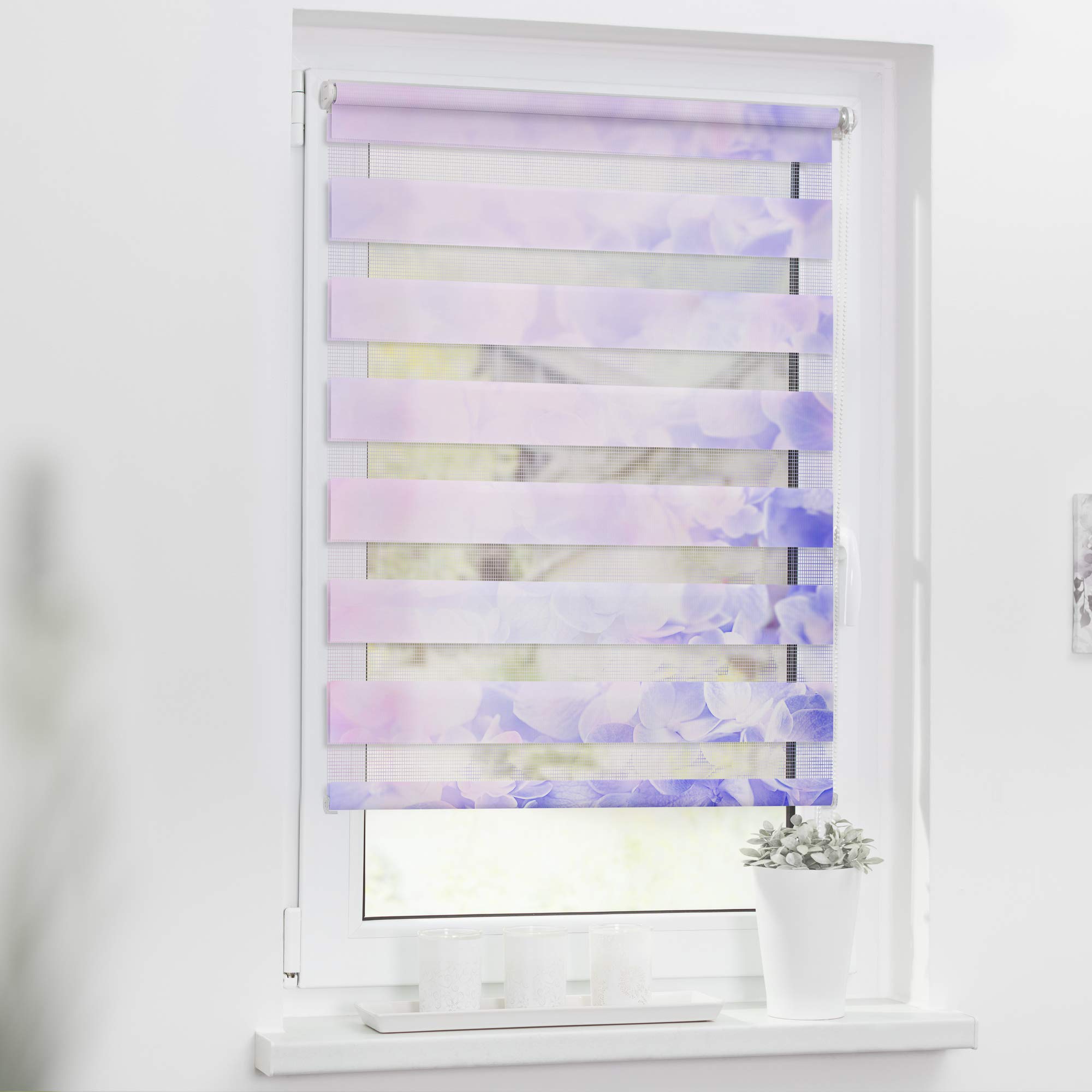 Lichtblick Doppelrollo Klemmfix ohne Bohren mit Motiv, Hortensie - Lila, Blickdicht, Made in Germany, Klemmträger 70 cm x 150 cm (B x L)