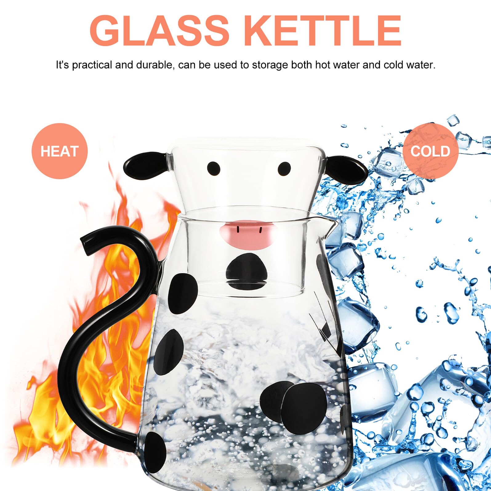Ciieeo Caraffa per Acqua Fredda in Vetro Bottiglia per Acqua in Vetro Brocca per Succo Tazza Design Forma di Mucca Resistente al Calore per Uso Quotidiano