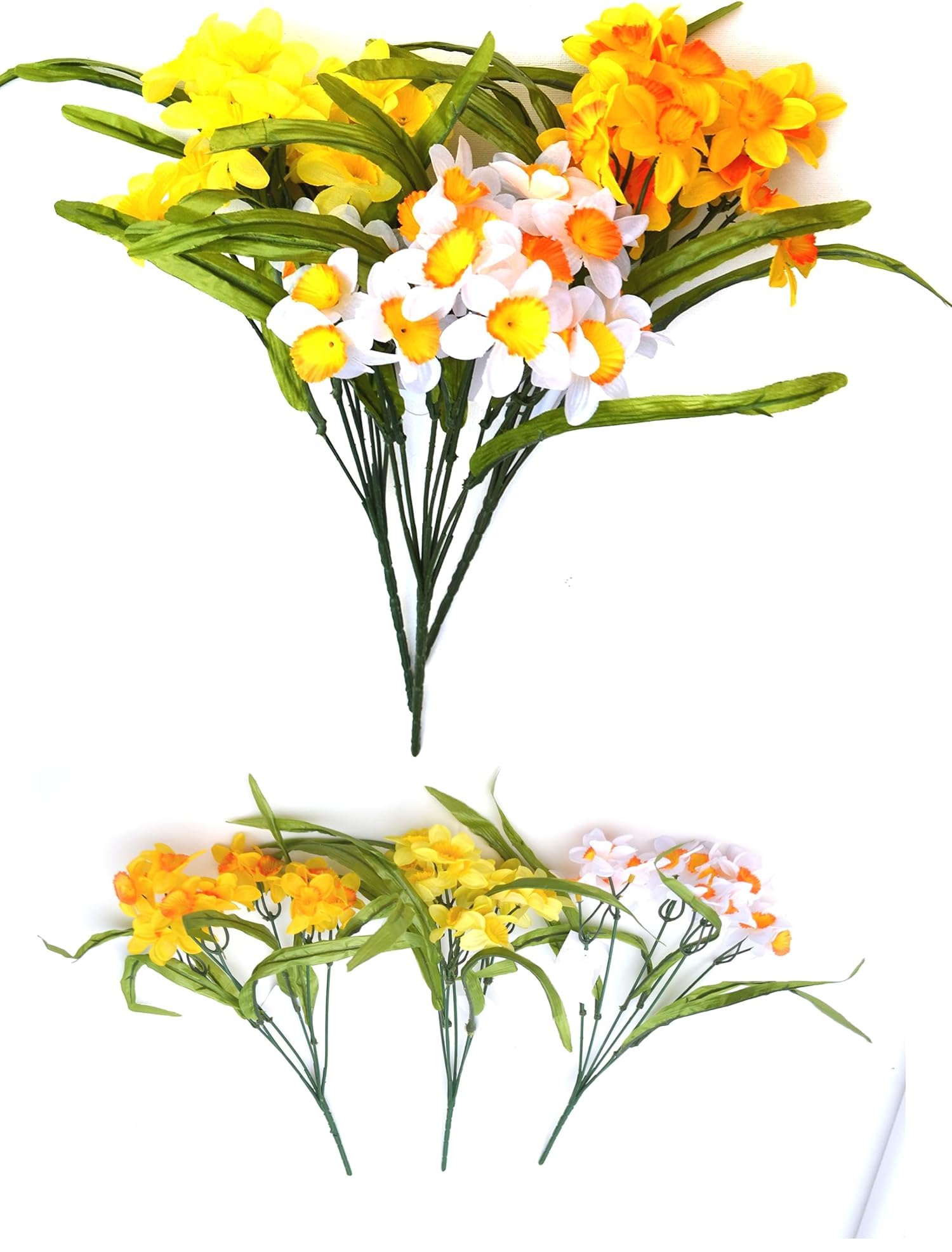 RAINWOOD 3 x Real Look Yellow White Daffodil Daffodils Bush Daff Artificial Fake Flowers Wedding Easter