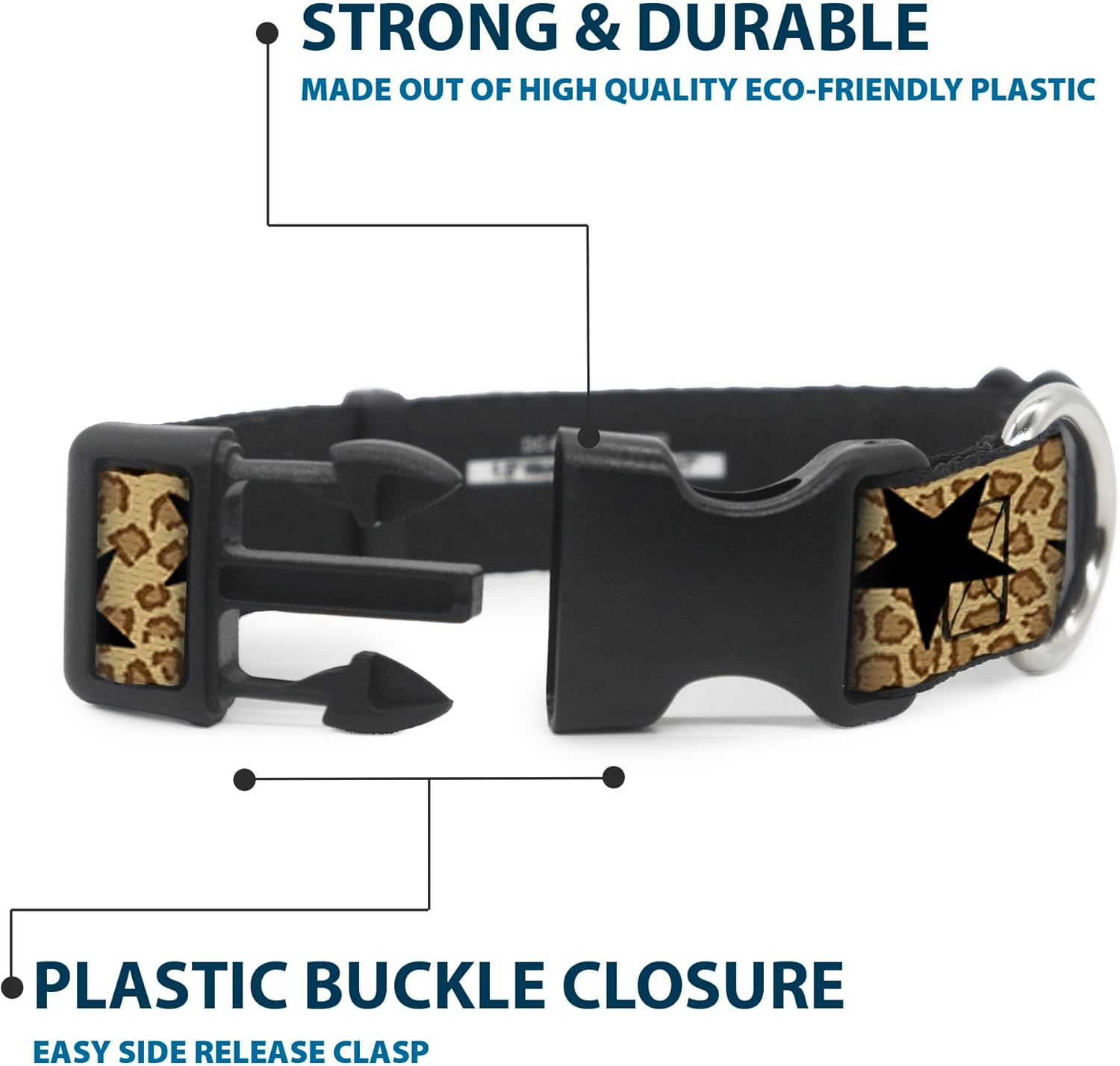 Buckle-Down Plastic Clip Collar - Cheetah/Stars Tan/Black - 1.5" Wide - Fits 18-32" Neck - Large