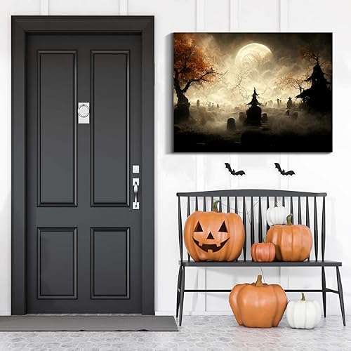 Miniatura 125 de Denozer Lienzo decorativo para pared de Halloween, castillo de terror de 32 x 24 pulgadas, decoración de pared de luna, decoración de otoño de Obra