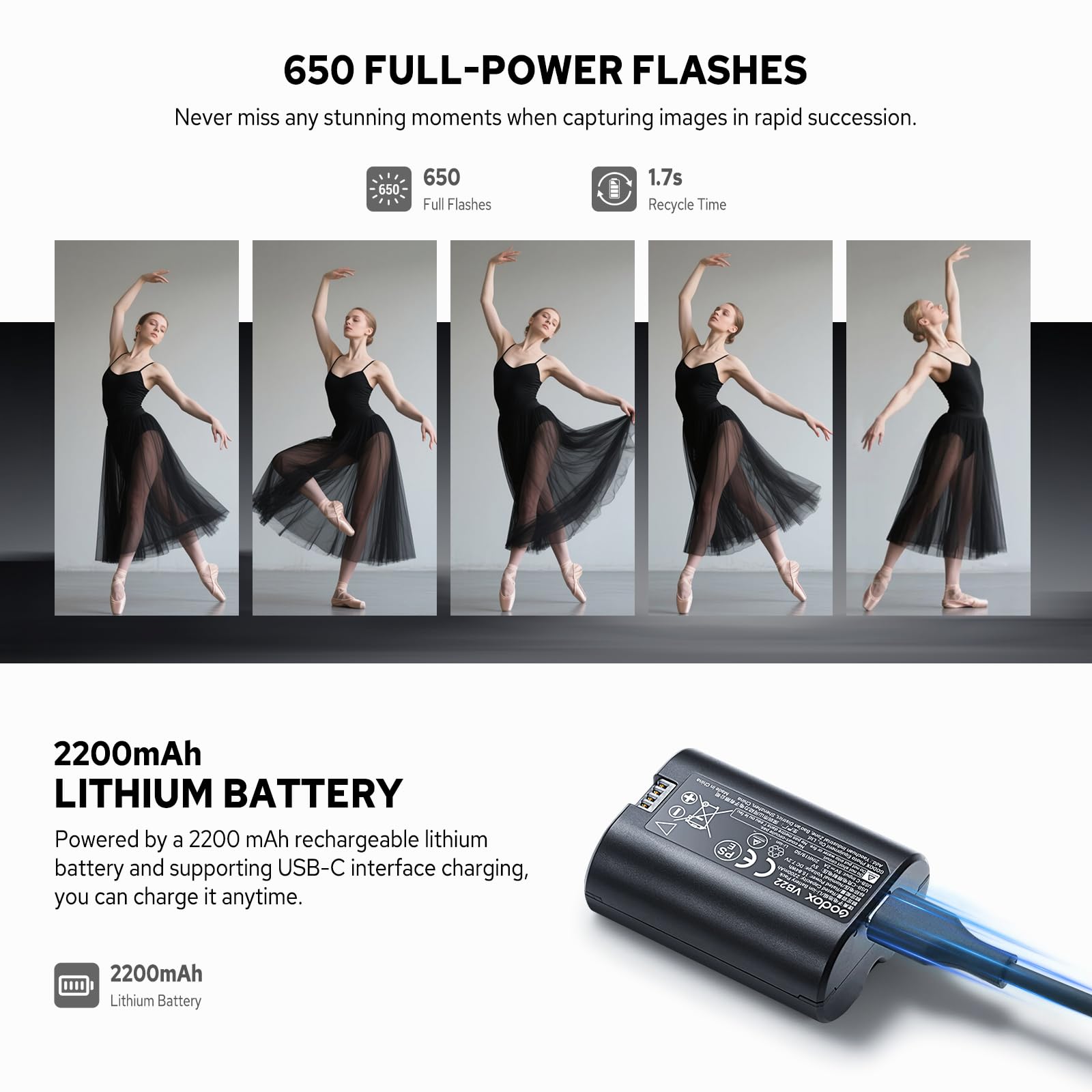 Godox V480-N Flash TTL pour Appareil Photo Nikon, GN50 Speedlite Tactile Écran Flash de Nikon, HSS 1/8000s USB-C Charge Support 650 Fois Flashs avec Modeling Lampe