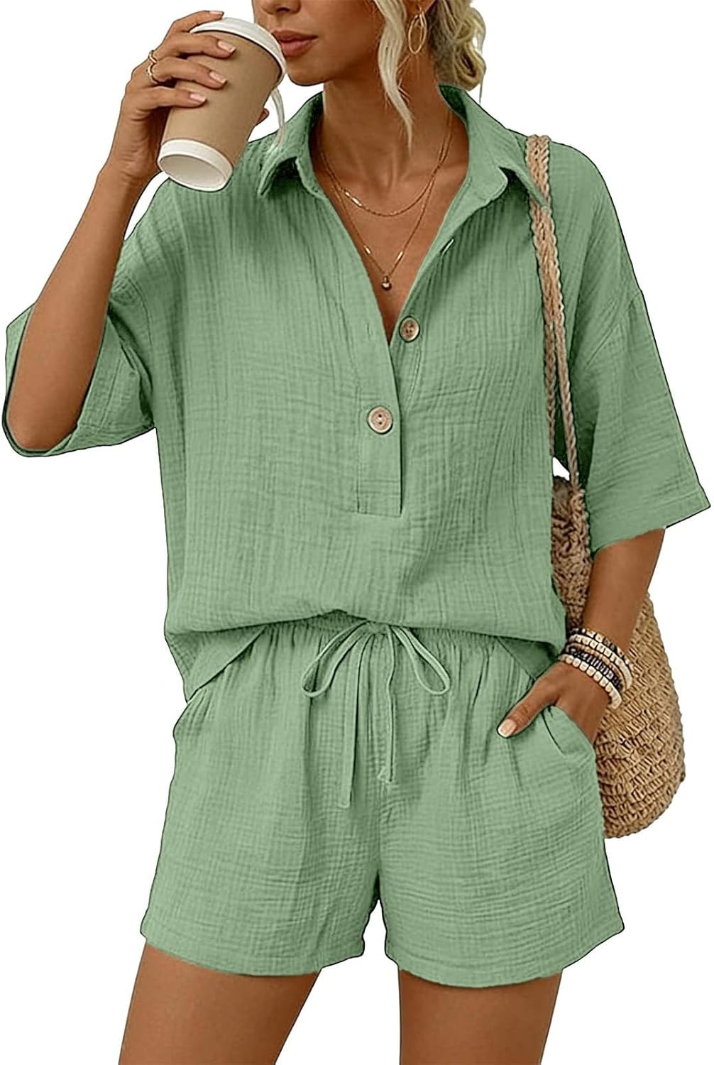 Linen Short Sets for Women 2 Piece Summer Short Sleeve Button Down Shirt and Shorts Loose Casual Vacation Outfits