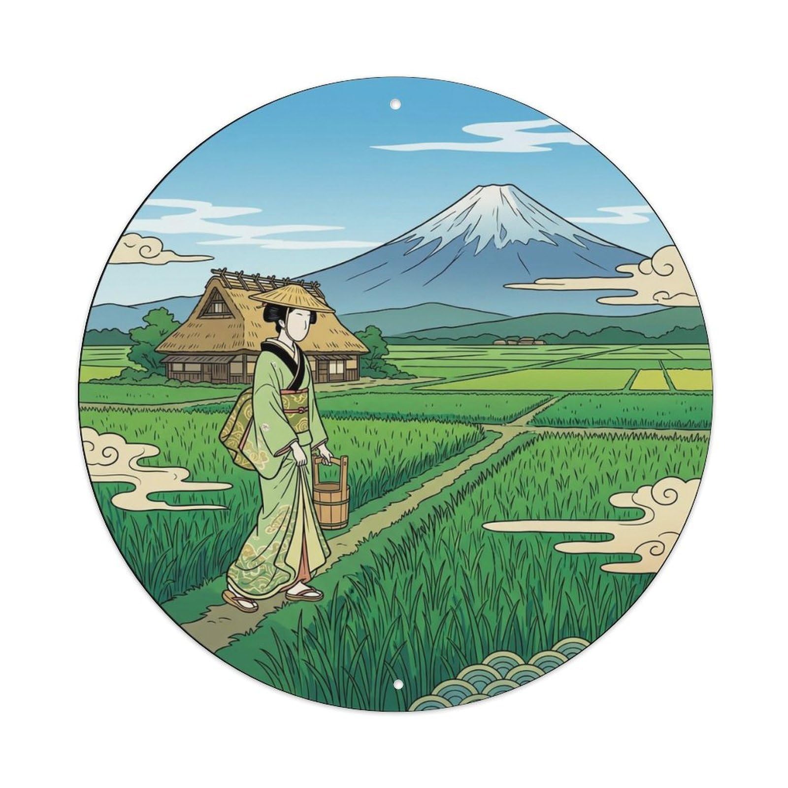 Japanese Elegant Lady Rice Field Walking Scenic View Metal Tin Sign