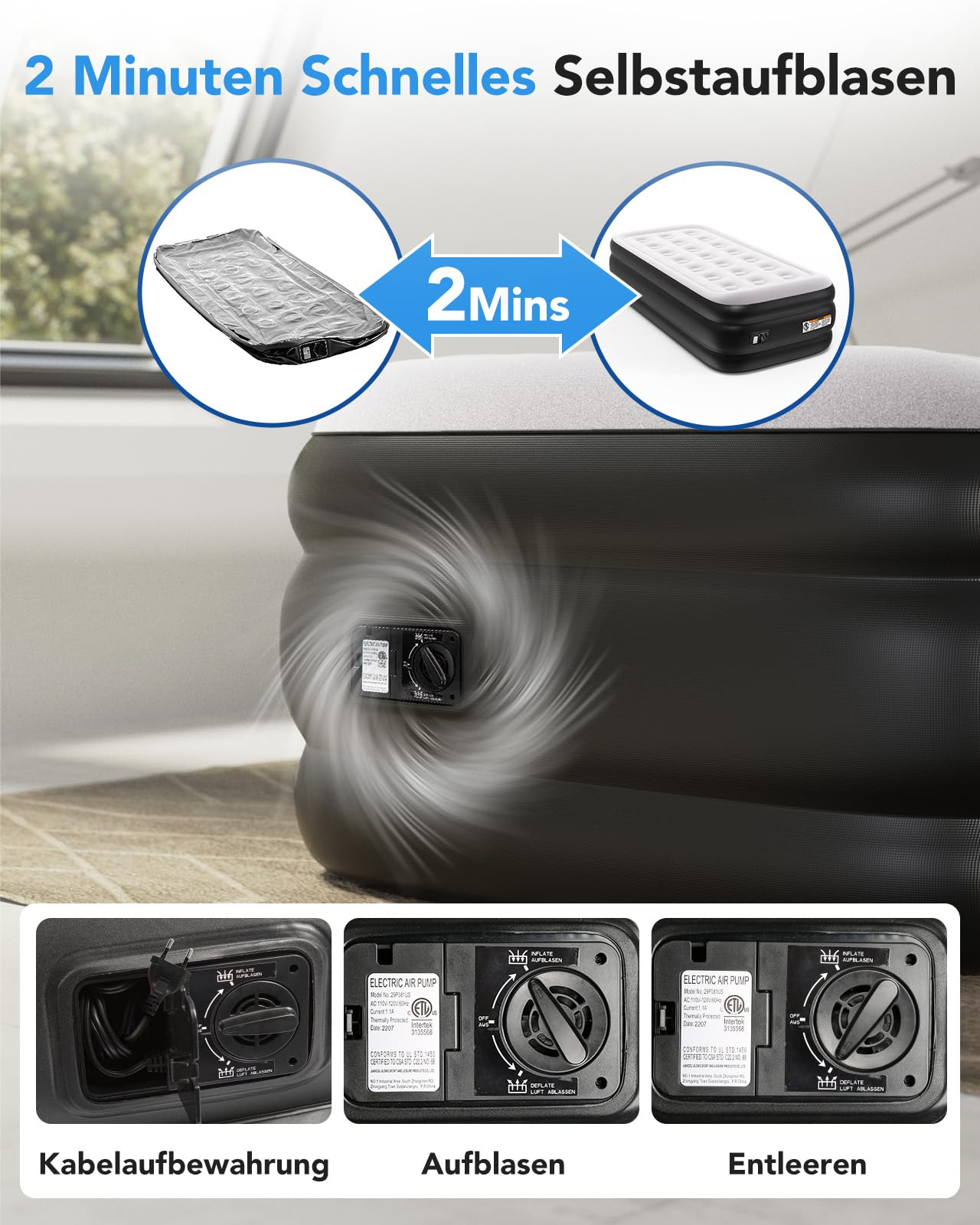 Luftmatratze 1 Person, Aufblasbare Luftmatratze Einzelbett mit elektrischer Pumpe (Schwarz, Twin-Matratze)