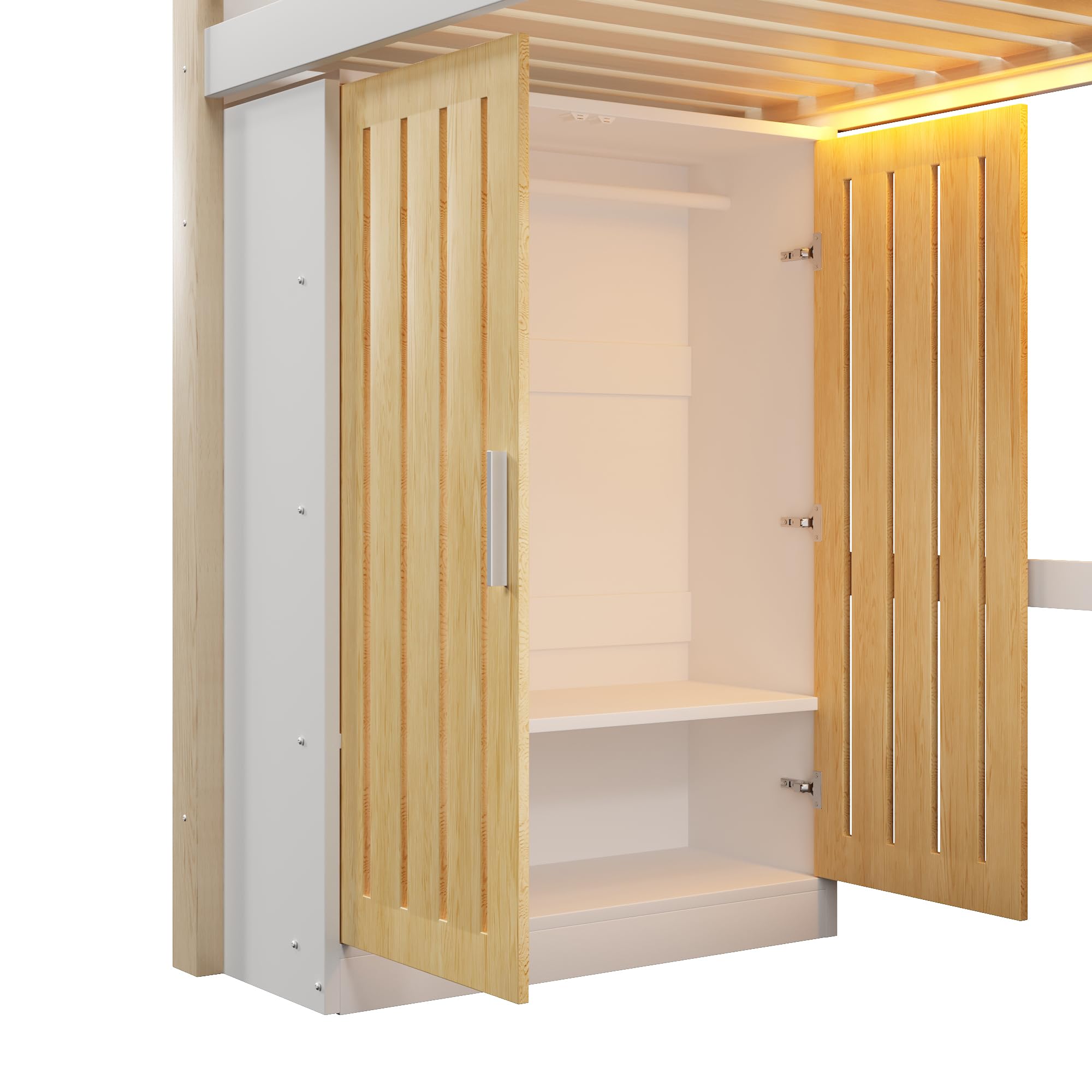 Moimhear Cama alta, 90 x 200 cm, con luces LED, armario, estantería, sin colchón, color blanco y natural