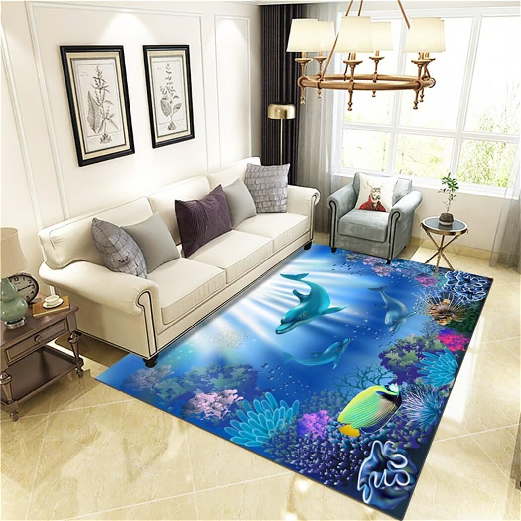 Tapis chambre adolescent bleu 200x300cm aux jolis motifs d'animaux sous-marins