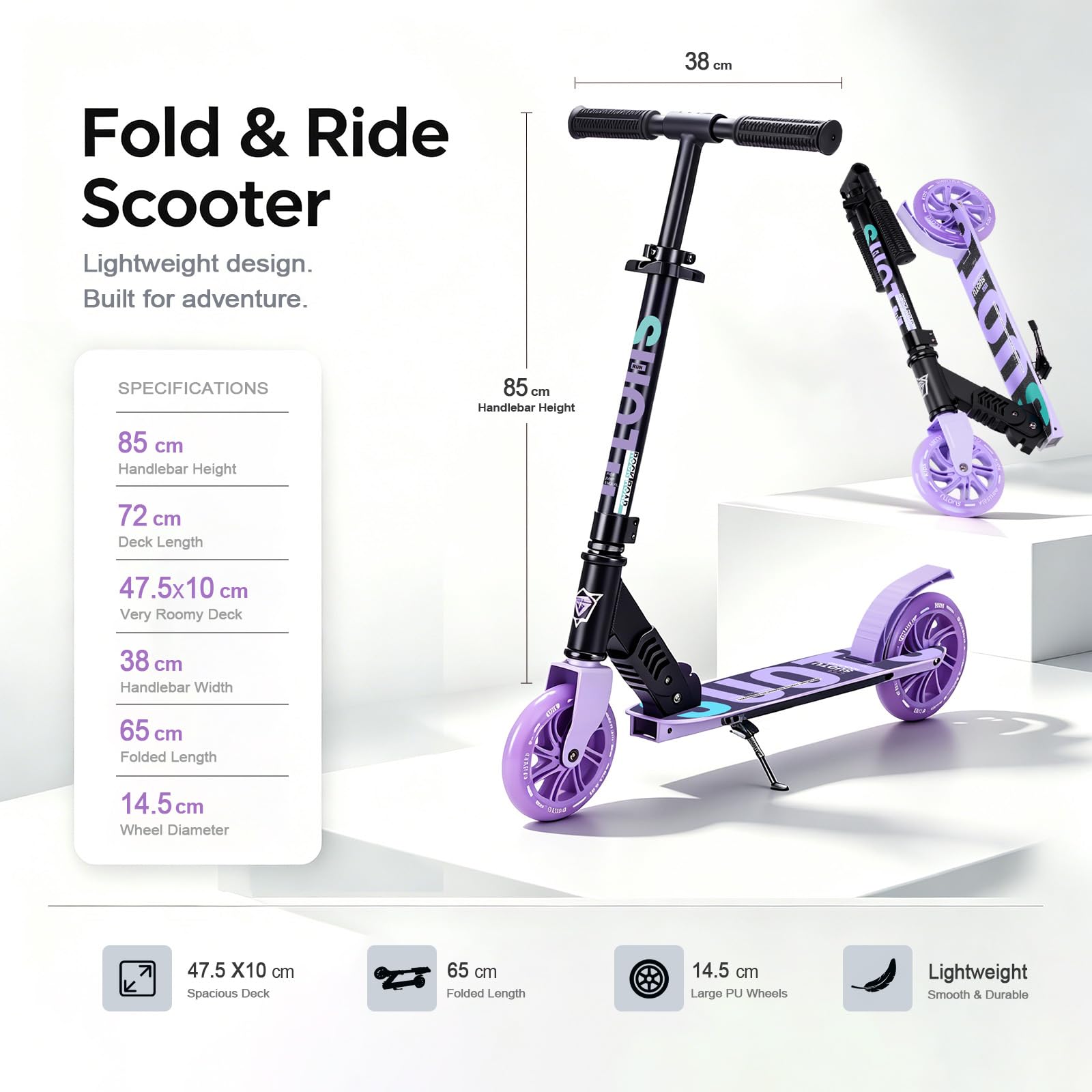 Trottinette pour Enfants avec Roue Lumineuse de 145 mm, Charge Max: 100 kg, Pliable, Hauteur Réglable, Scooter pour Garçons et Filles de 3 à 12 Ans, Aluminium