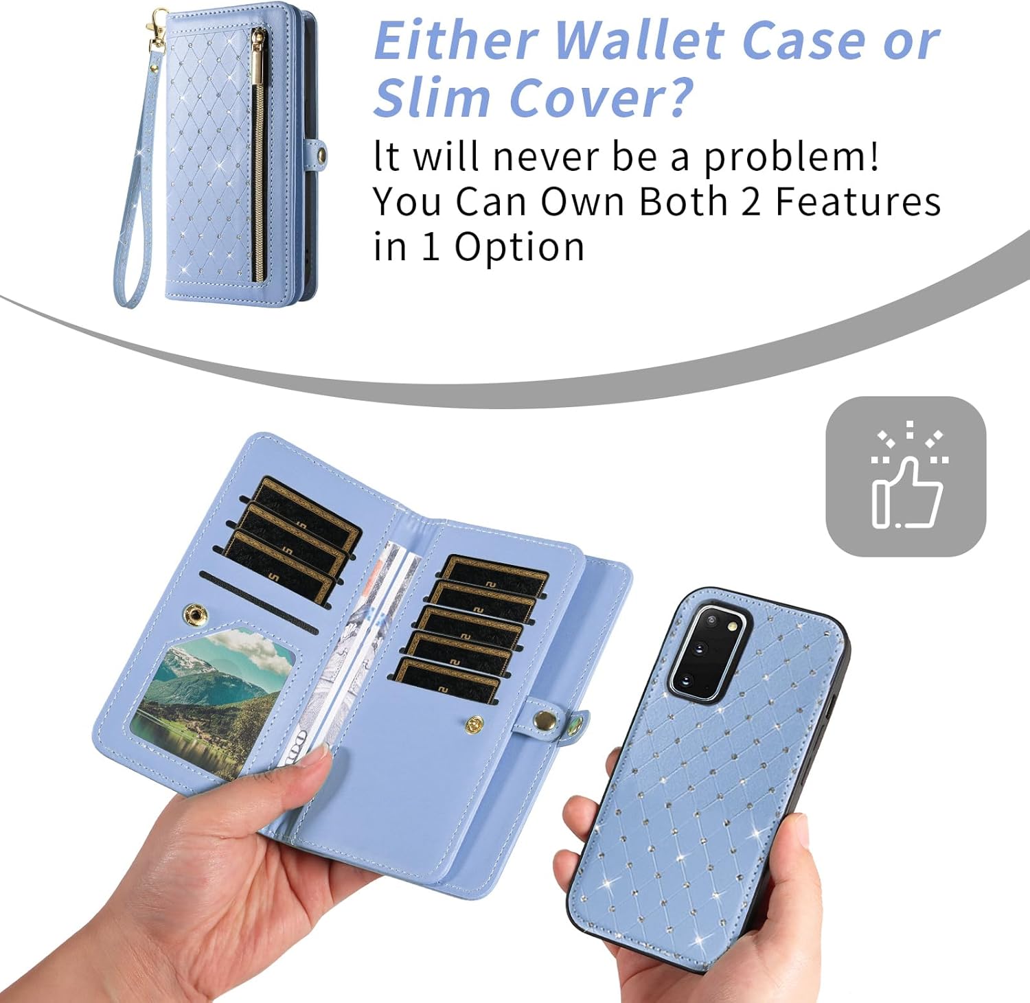 Asuwish Phone Case for Samsung Galaxy S20 5G 6.2 inch Zipper Wallet Detachable Magnetic Cell Cover Screen Protector Crossbody Strap Bling Flip Credit Card Holder S 20 20S UW S2O G5 Women Light Blue