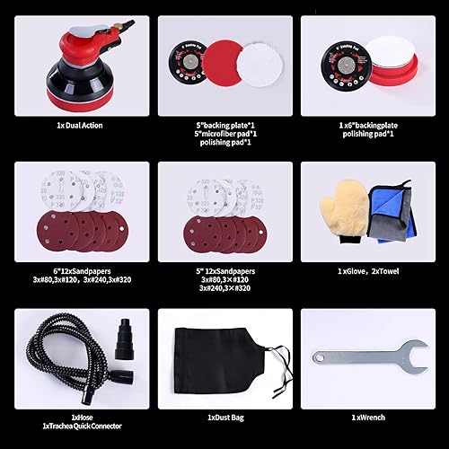 Miniatura 2 de Lijadora orbital aleatoria neumática Autolock de 56 pulgadas, lijadora de palma neumática con placa de respaldo extra de 5" y 6", lijadora de doble