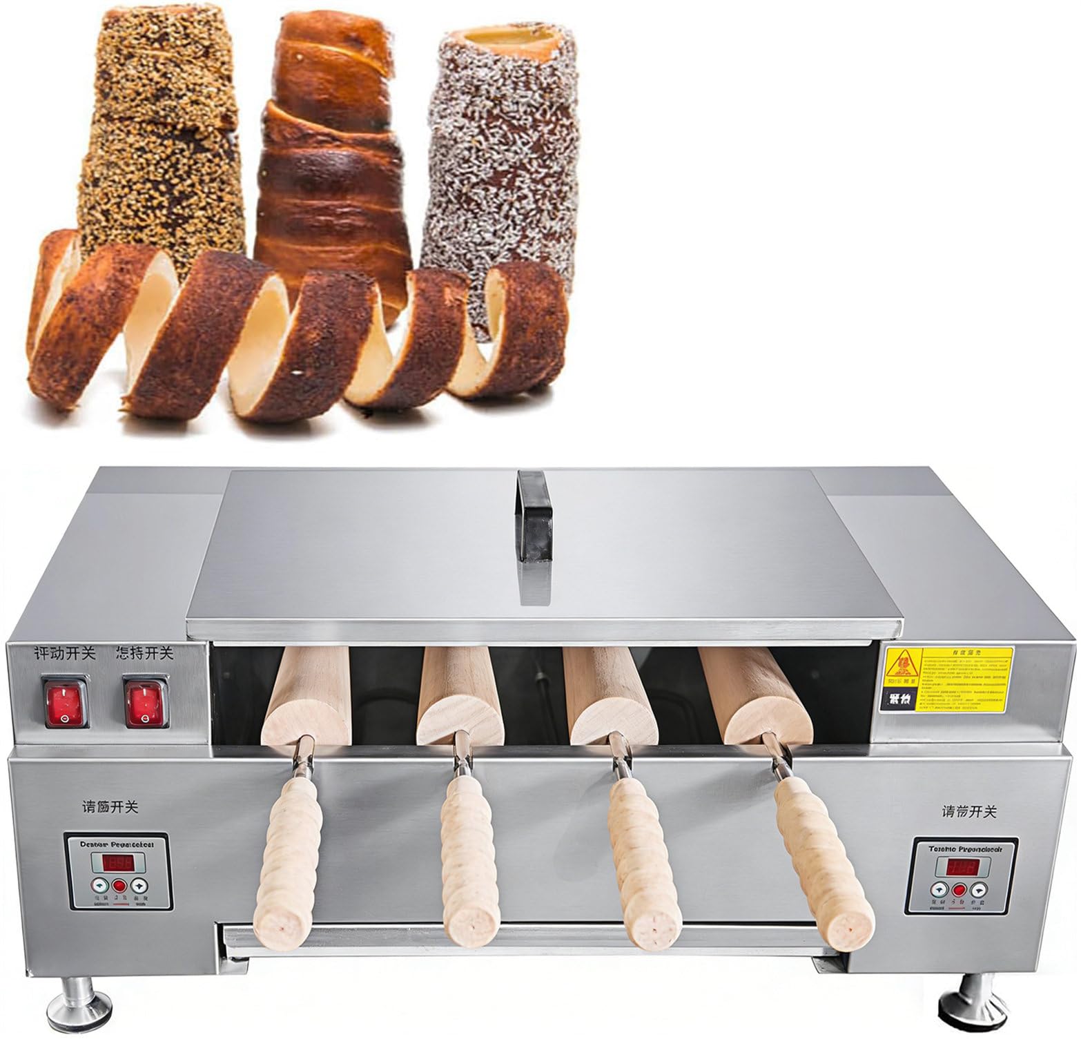 CYMYYDS Chimney Cake Machine, Electric Ice Cream Cone Maker, Stainless Steel Toaster Machine with 4 Pcs Roller and Wooden Handles for Delicious Bread Snacks