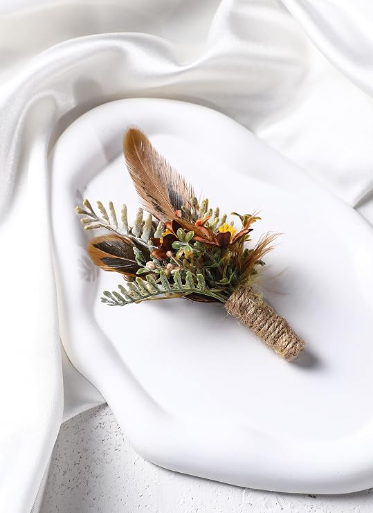 Boho Feather Boutonniere for Men - Handmade Brown Boutonniere for Wedding Rustic Corsage for Groom Groomsmen Anniversary Formal Dinner Party Prom Ceremony Suit