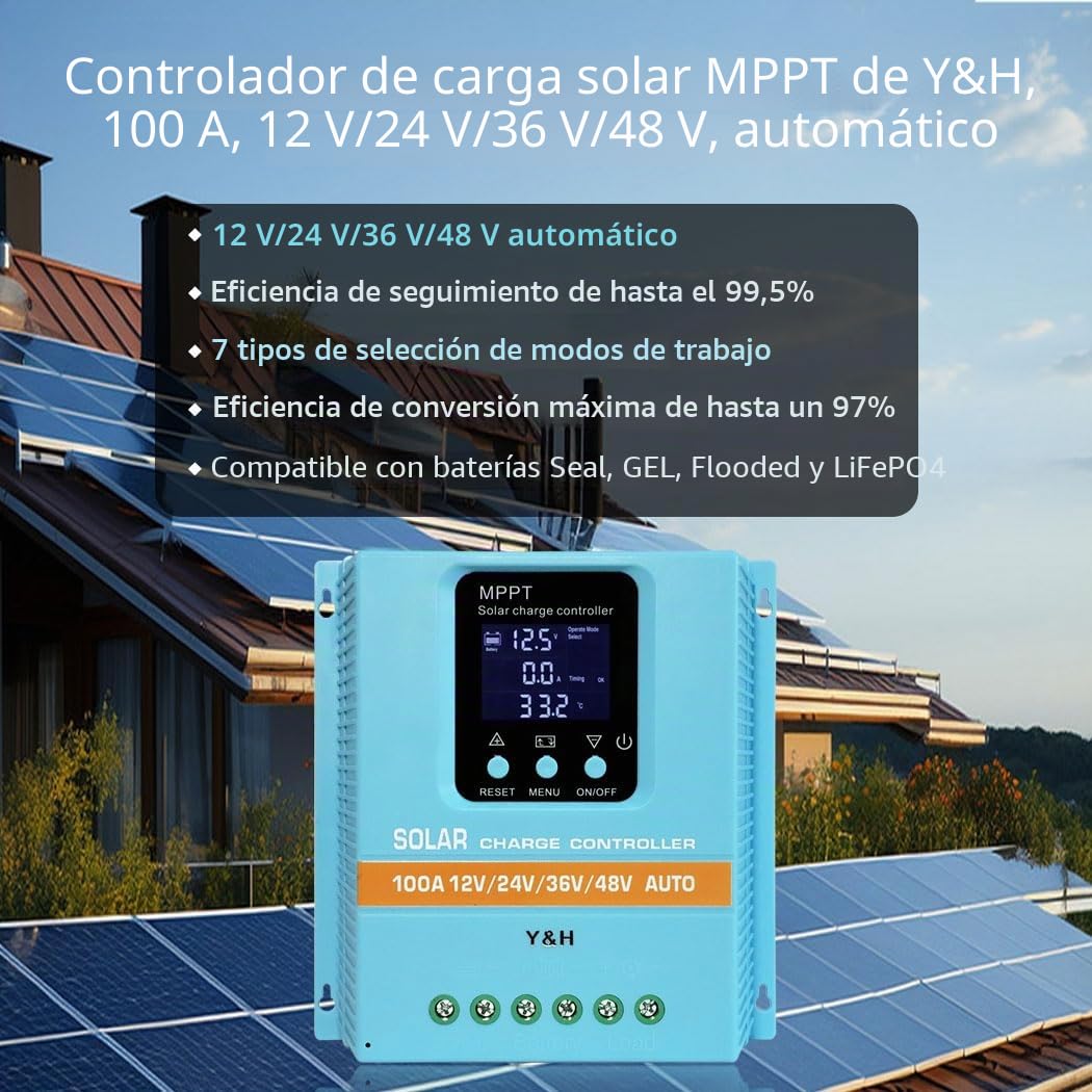 Y&H Regulador de carga solar 100A 12V 24V 36V 48V pantalla LCD regulador inteligente máx 100V entrada dual USB para plomo-ácido/litio