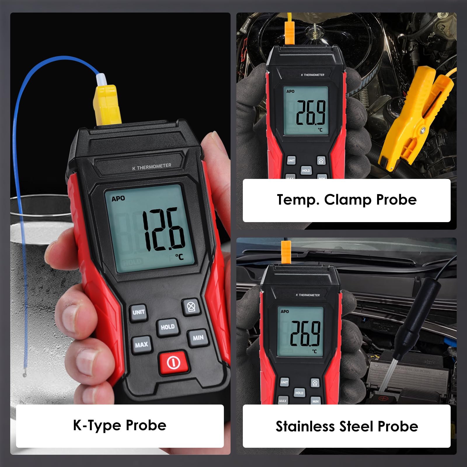 Termometro digitale tipo K 2 sonde termocoppia 2 pinze temperatura industriale monocanale -328°F a 2500°F display LCD retroilluminato Max/Min mantenimento dati