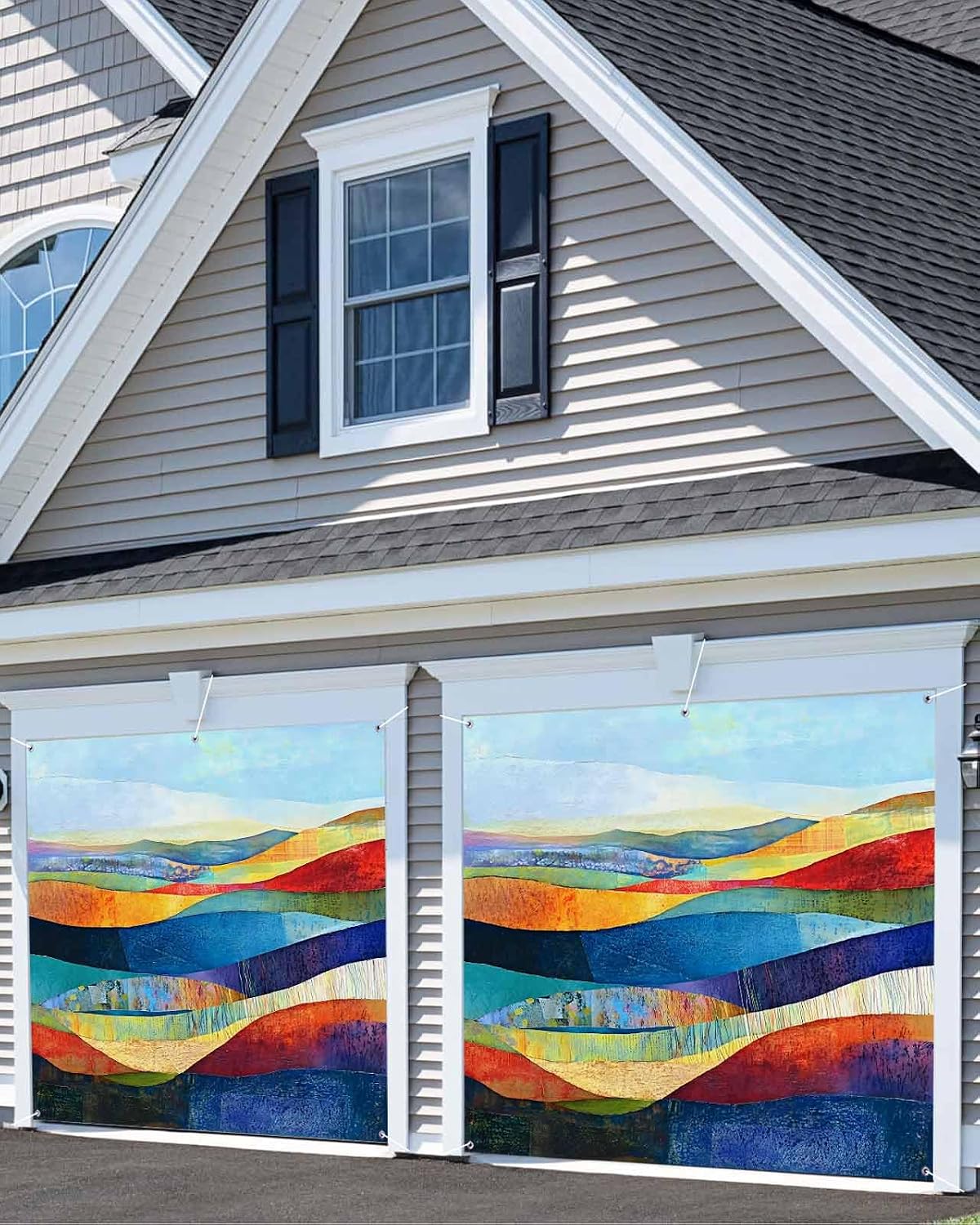 Garage Door Banner 6.9x16ft,Coloful Mountain Watercolor Oil Painting Art Garage Door Cover Porch Large Backdrop Banners Wall Decorations for Indoor Outdoor Holiday Party,Abstract Geometric Modern