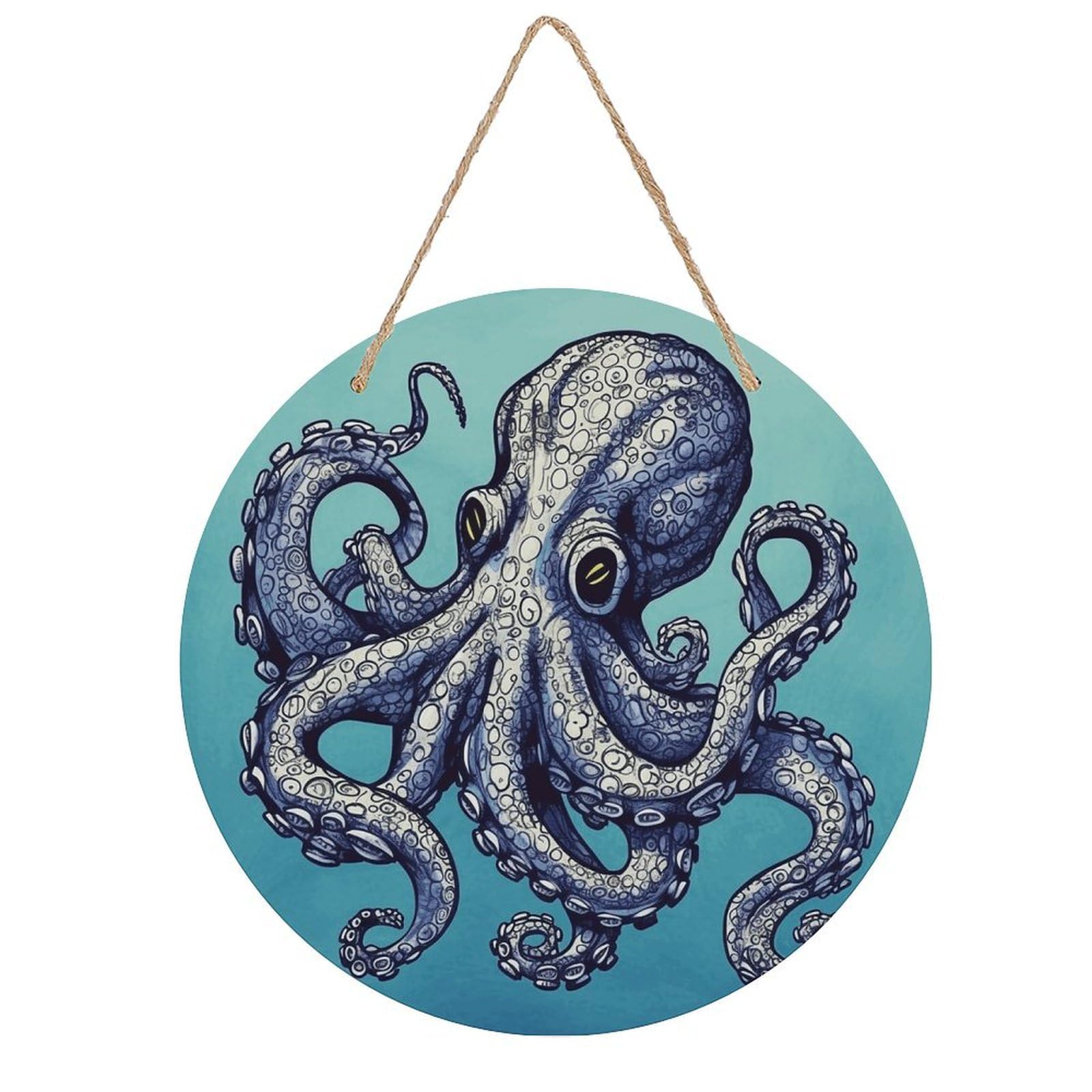VstaDank Octopus Design Wall Art Decor with Ropes Wooden Hanging Sign Hanging Wall Decor Artwork Round Wood Painting Modern Wall Prints Decor Picture for Office Bar Home Decors
