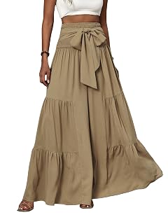 WDIRARA Womens Shirred Elastic Waist Tie Front Ruffle Hem Wide Leg Pants
