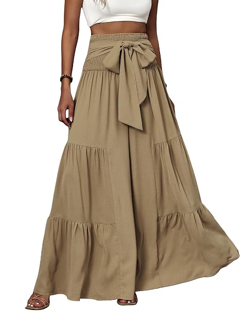 WDIRARA Womens Shirred Elastic Waist Tie Front Ruffle Hem Wide Leg Pants