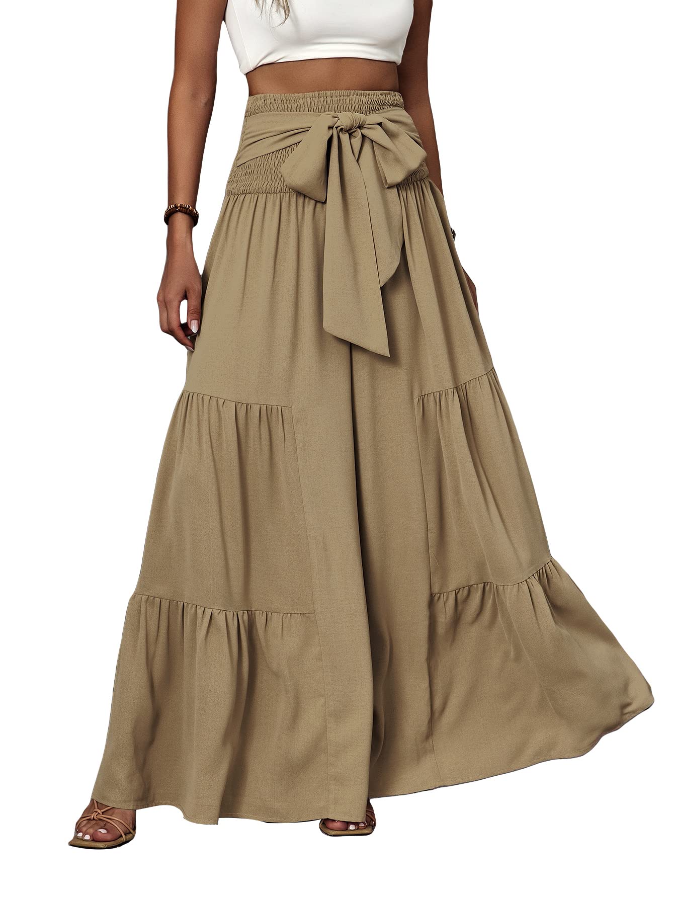 WDIRARA Womens Shirred Elastic Waist Tie Front Ruffle Hem Wide Leg Pants