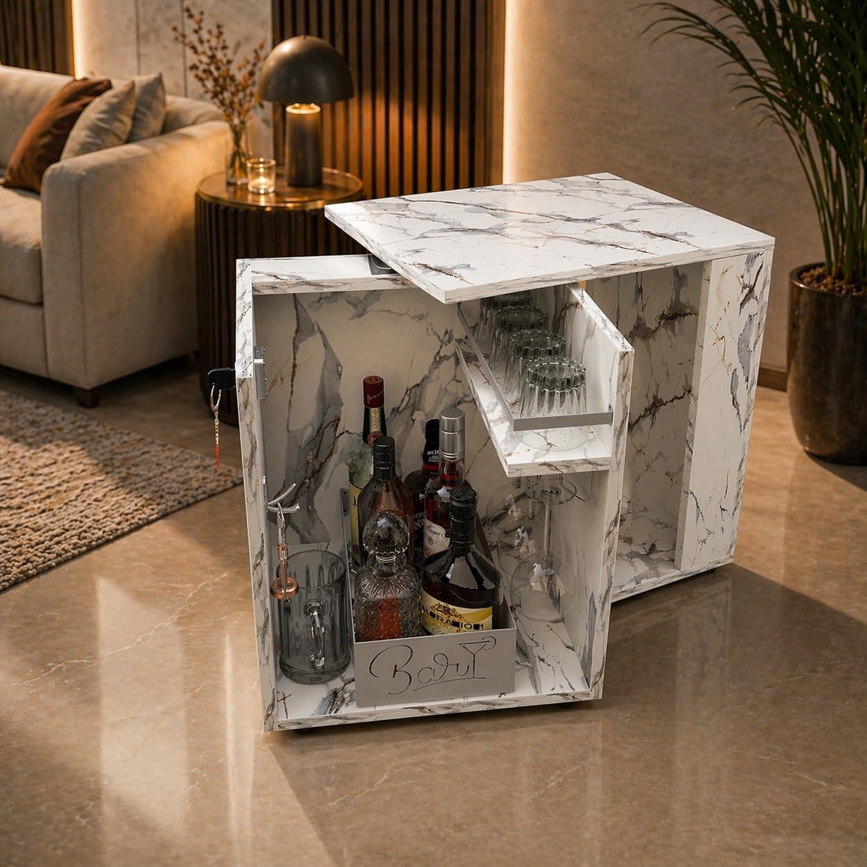 Studio Kook Classic Mini Bar | Engineered Wood Bar Cabinet (Marble Finish)-image-30